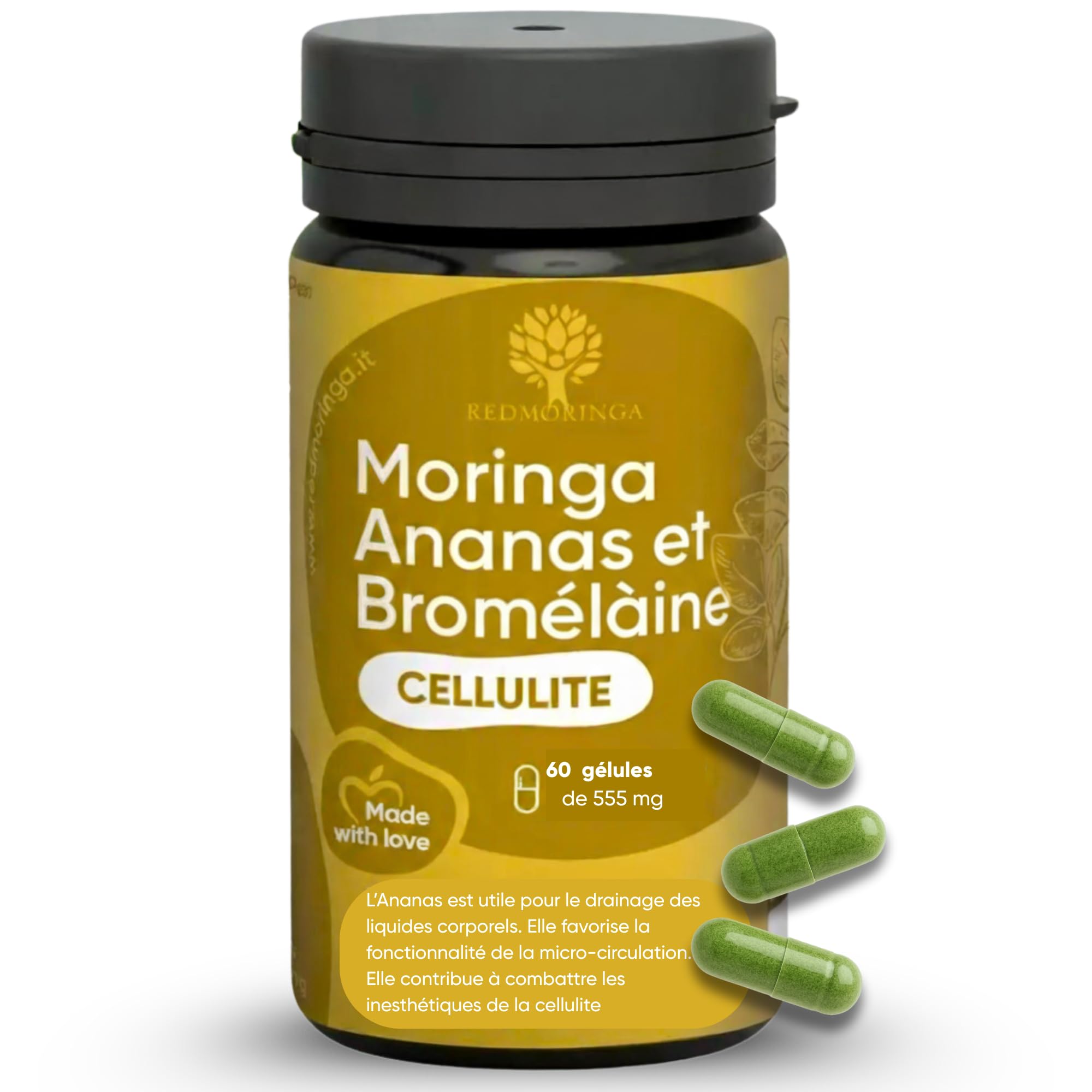 Anti Cellulite puissant avec Bromélaïne 5000 GDU | Complément Drainant 100% Naturel - Contraste les Imperfections de la Cellulite et Rétention d'Eau - Ananas et Moringa BIO RedMoringa (60 Gélules)