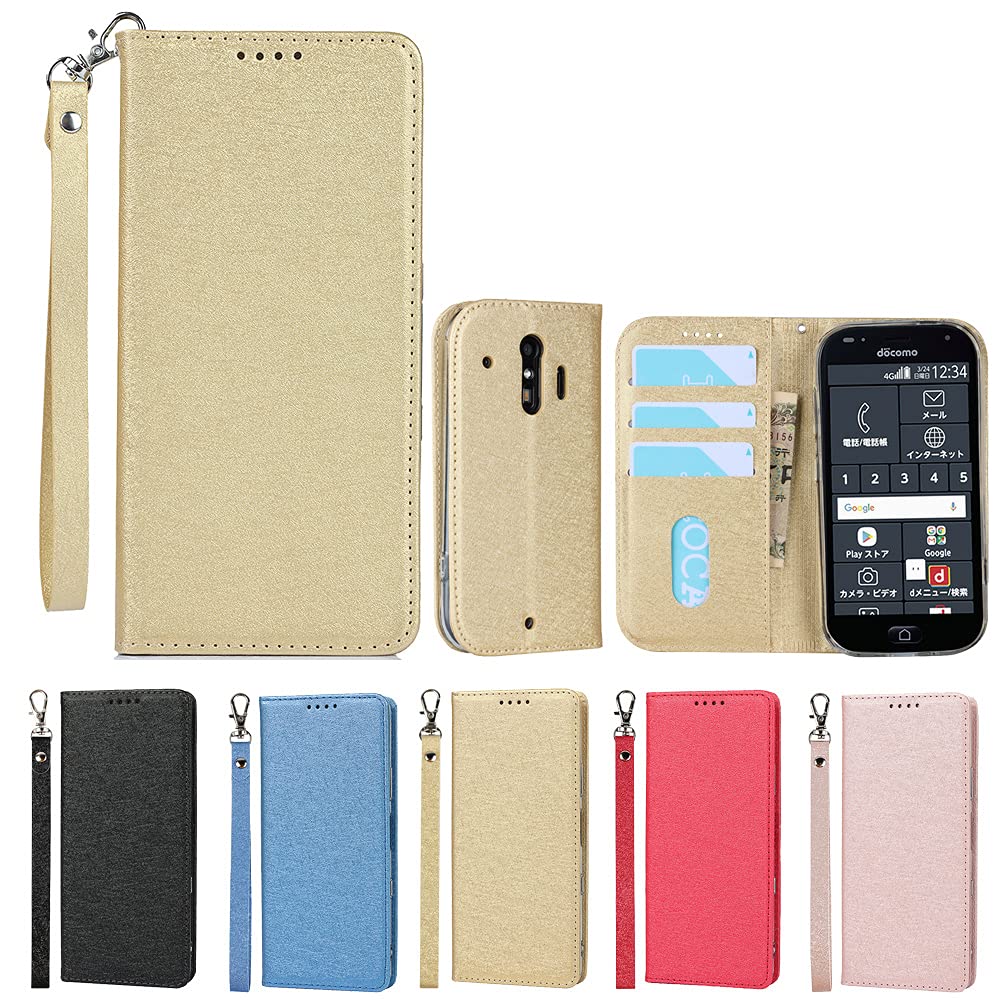 Eastwave For Compatible with Fujitsu 富士通 らくらくスマートフォン me(F-01L)ケース らくらくスマートフォン F-42A ケース 手帳型 ストラップ付き PU皮革 内蔵マグネット 携帯カバー カードポケット スタンド機能 便利 ゴールド