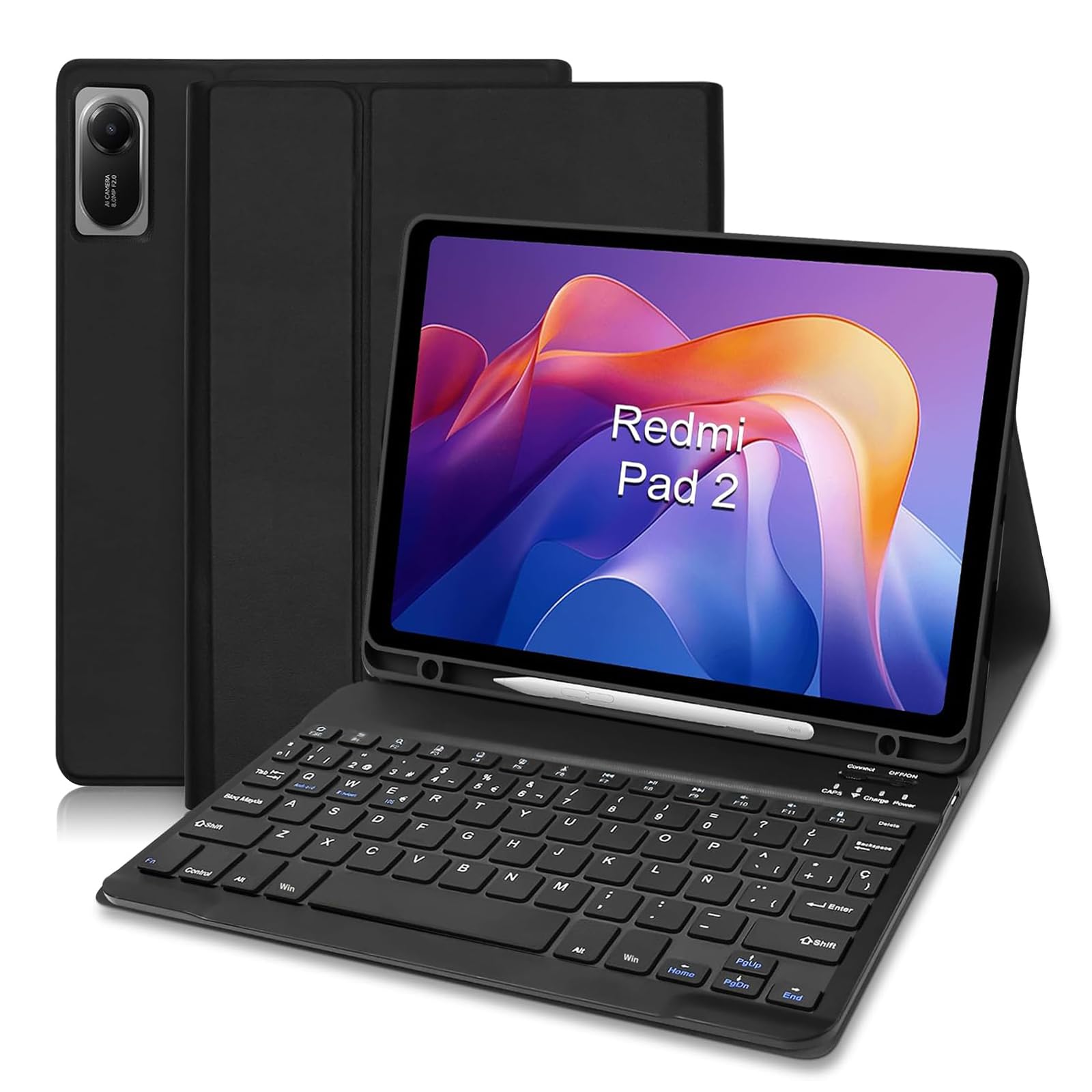 Funda Teclado para Xiaomi Redmi Pad 2/ Redmi Pad SE 11 Pulgadas, QWERTY Español Ñ, Funda con Teclado Bluetooth Magnético Desmontable para Xiaomi Redmi Pad 2 11 Pulgadas 2025, Negro