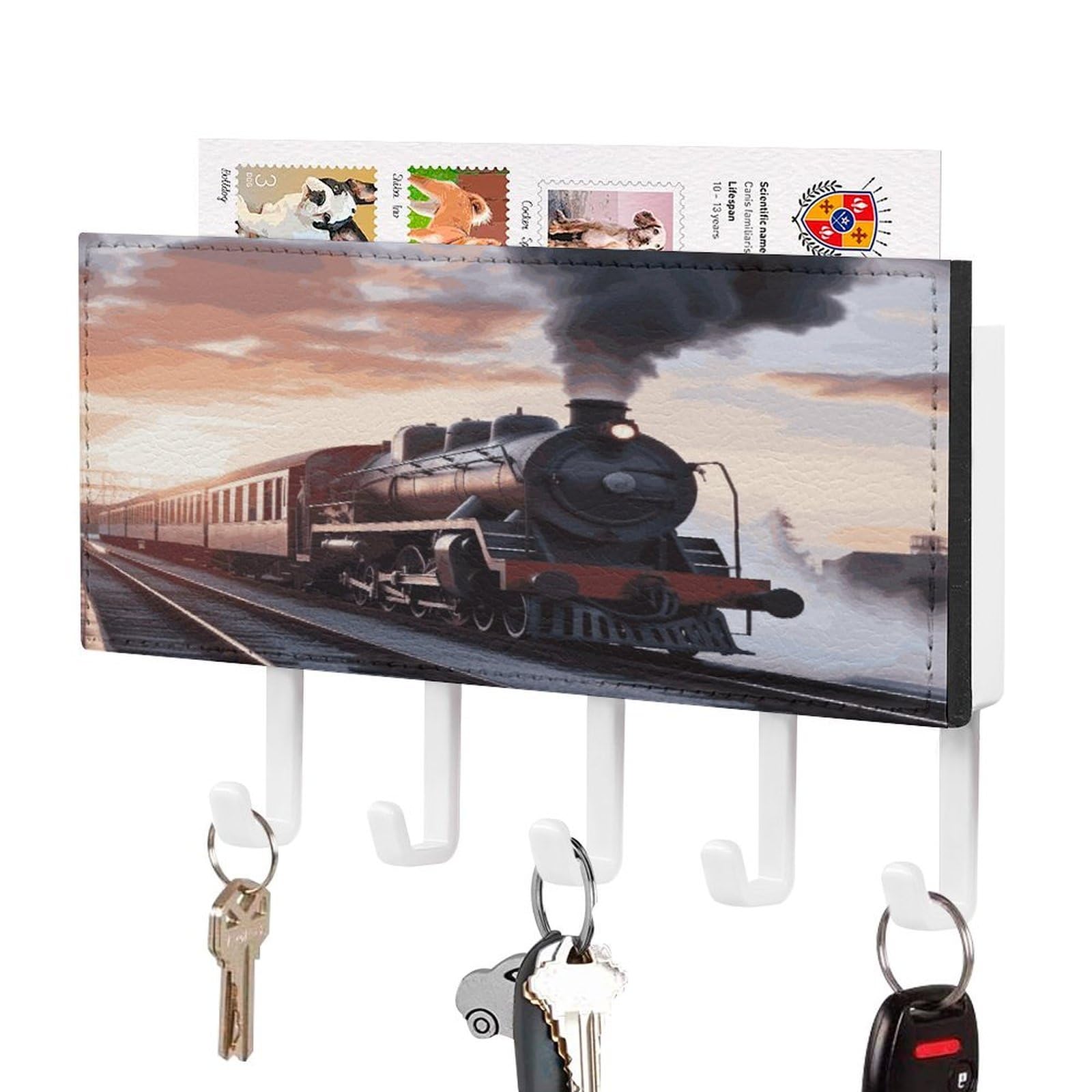 LDGSUPH Steam Train Depart Sunset Key Holder Wall Mount Key Hanger with 5 Hooks Fashion Key Organizer Rack Hanging Key Hooks with Mail Organizer Key Rack for Home Entryway Hallway White-Style
