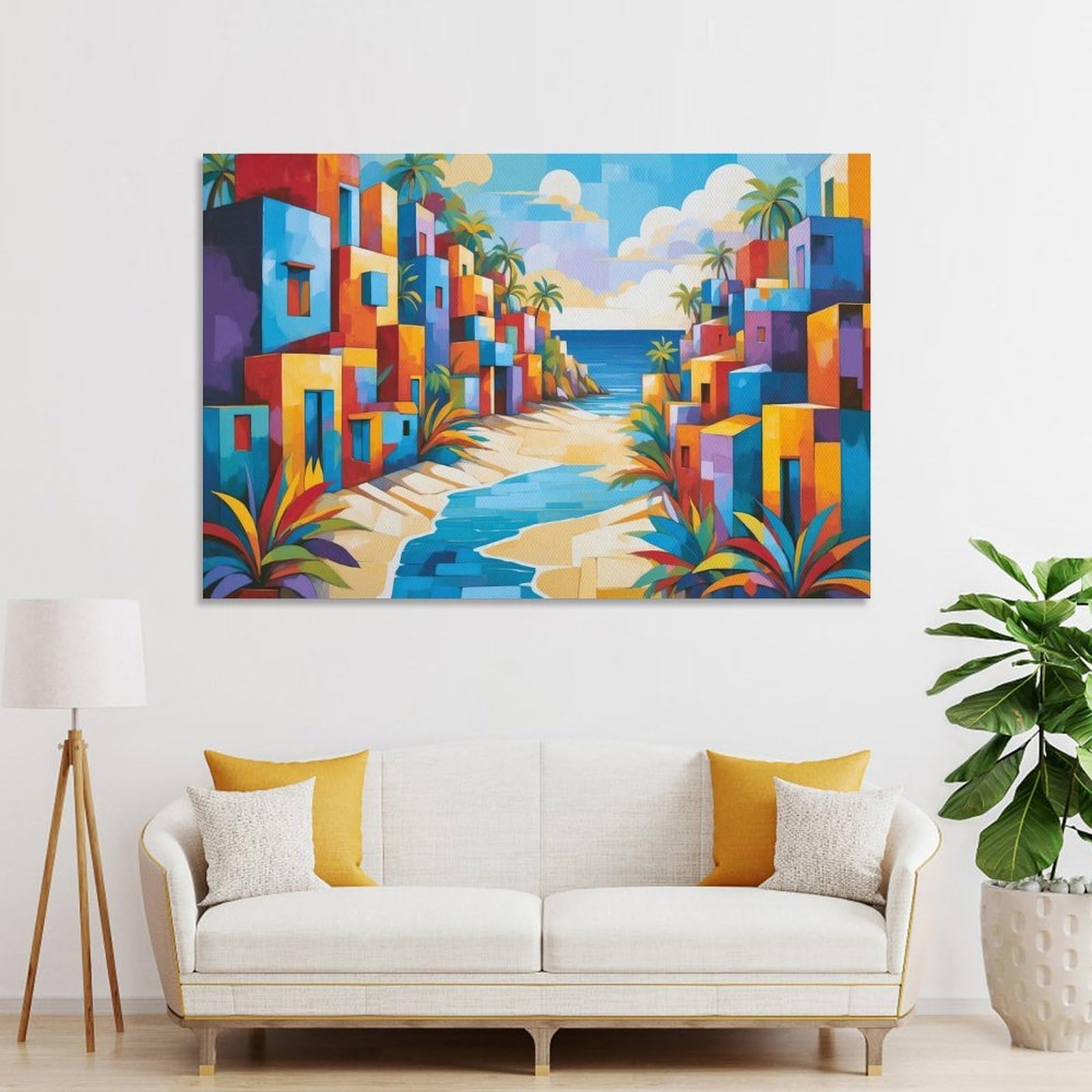 Junmoney Unframe-Style-23-1 Colorful Coastal Village Painting Canvas Wall Decor, 20X30inch(50X75cm), For Wall Displays, Bedrooms Or Room Updates, Wall Decor Suited To Curated Displays