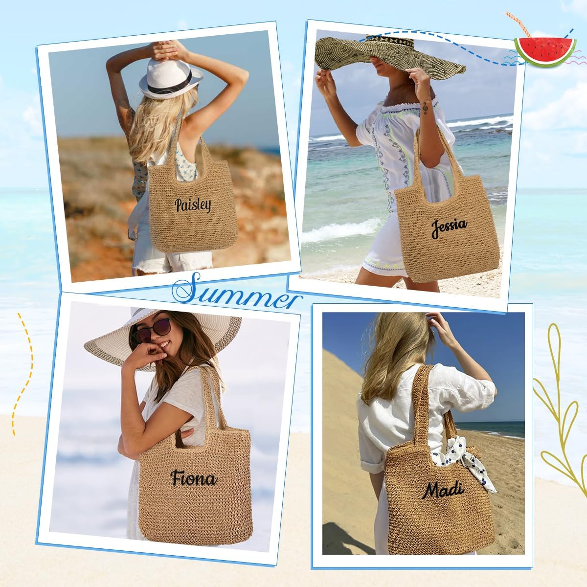Ulico Personalized Straw Beach Bags for Women, Large Tote Bag with Embroidered Name， Lightweight Foldable Shoulder Bag
