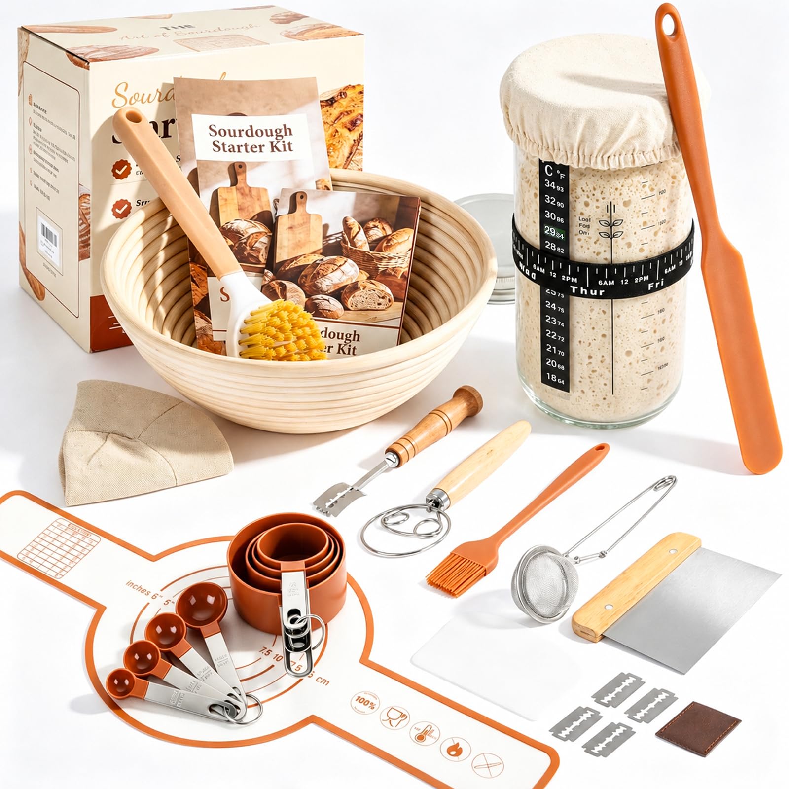 Banneton - Kit de iniciación de masa madre, juego de cestas a prueba de pan, cesta redonda de 23 cm, ratán natural, accesorios completos para hacer pan con tarro de inicio, batidor de masa y