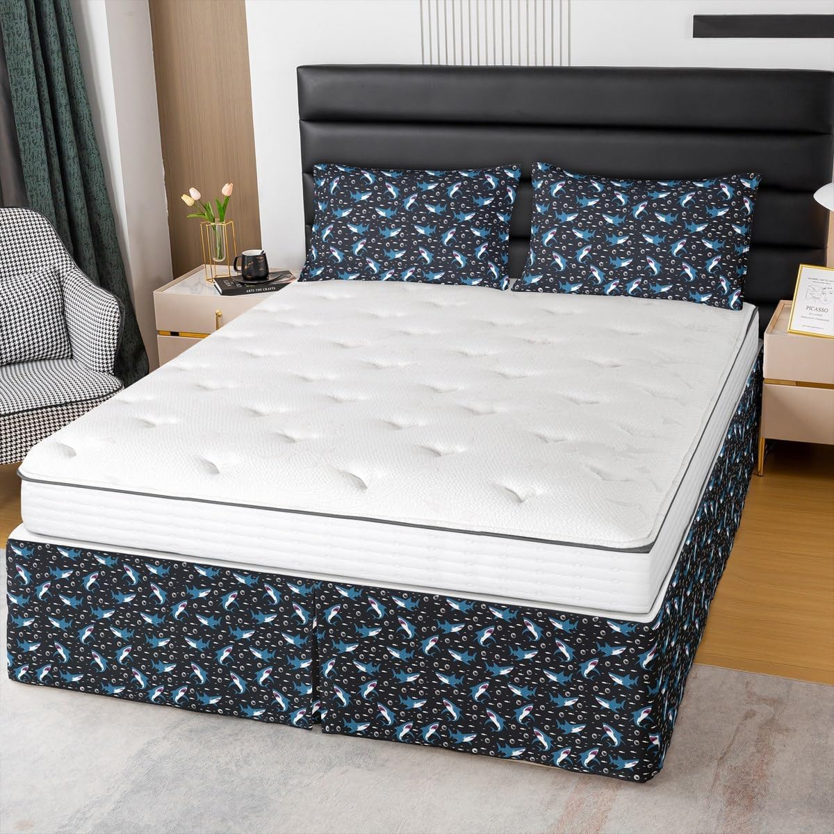 Feelyou Shark Bed Wrap Sheet Set Queen Size, Cute Shark Bedskirt for Kids Boys Girls Cartoon Shark Bed Skirt Shark Ocean Dust Ruffle Pleated Bedskirt with Split Corners