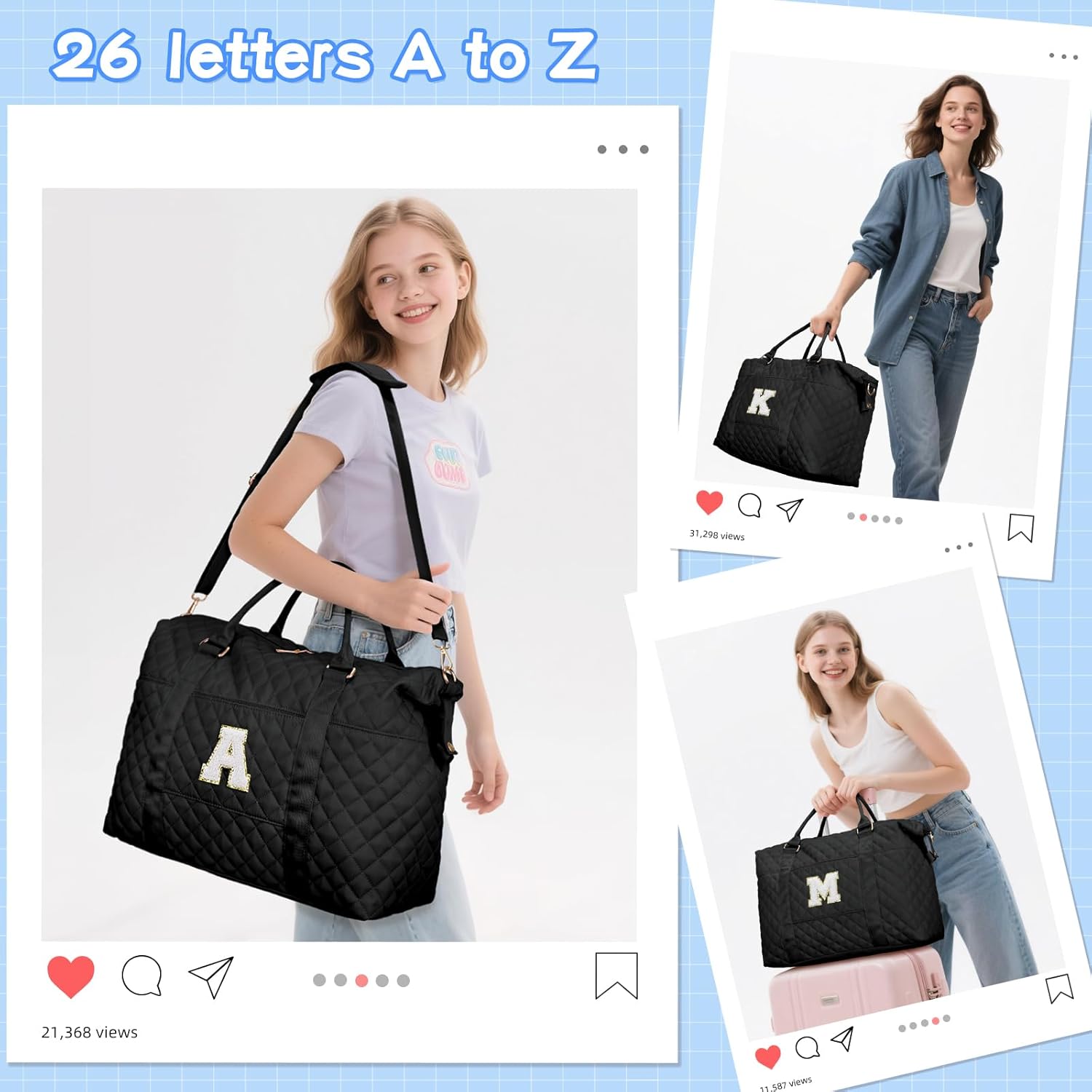 Gifts for Women, Initial Travel Duffle Bag, Personalized Weekender Overnight Bags, Monogram Sport Gym Carry On Bags with Wet Pocket(Black,K) - Image 3