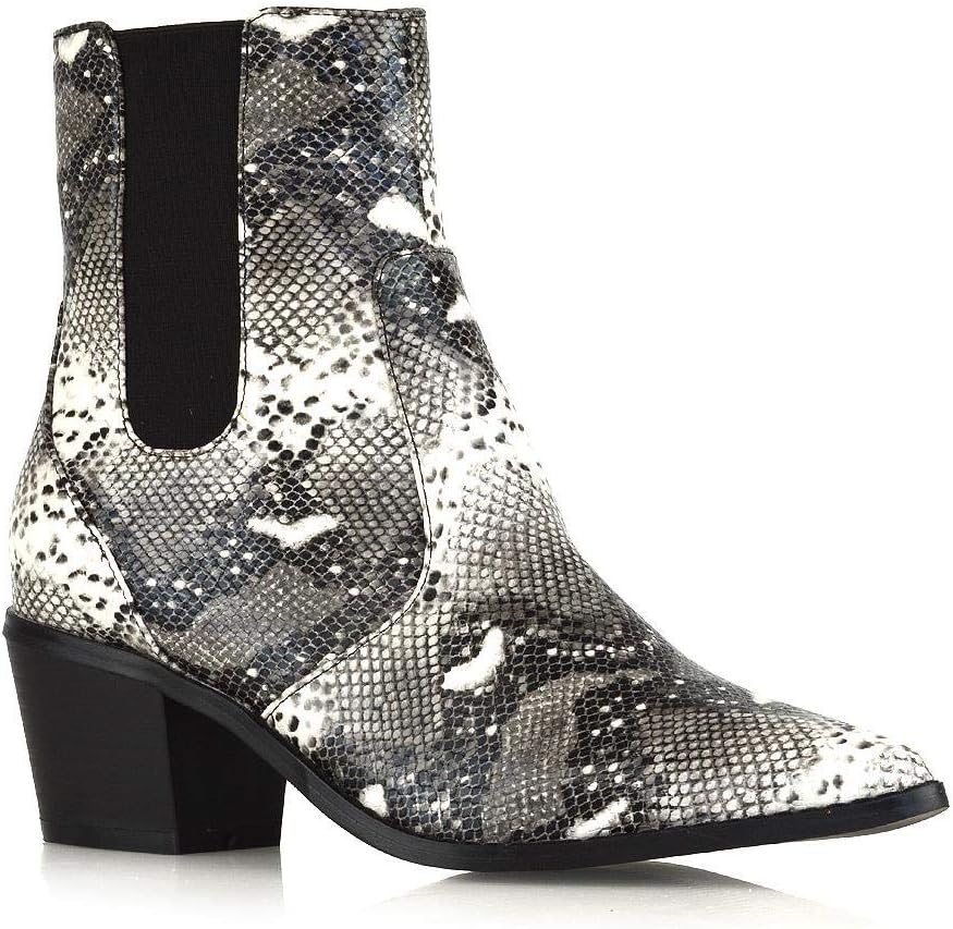 ESSEX GLAM Womens Low Heel Cowboy Boots Ladies Multi Snake Synthetic Leather Block Heel Pointed Toe Chelsea Ankle Bootie Shoes 7 B(M) US