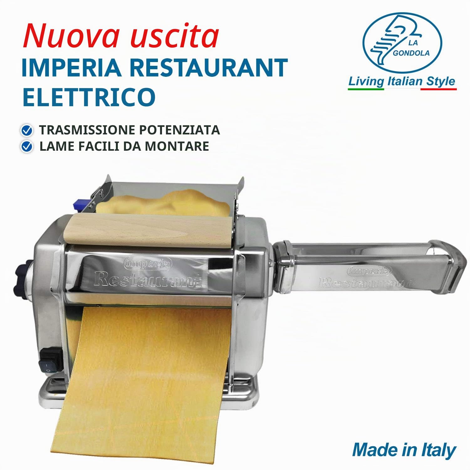 Imperia Bundle Macchina Pasta Elettrica - Professionale in Acciaio, Sfogliatrice Elettrica Robusta ed Affidabile e 2 Stampi Ravioli Tagliapasta in Ottone e Legno Naturale Made in Italy