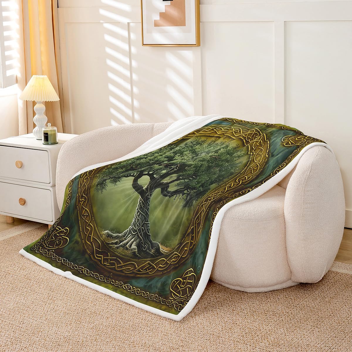 Manfei Tree of Life Flannel Blanket,Mystic Tree Boho Exotic Style Green Fleece Blanket for Room Decor,Tribal Golden Branches Geometric Circle Grid Throw Blanket for Sofa Couch,Throw 50"x60" - Image 3