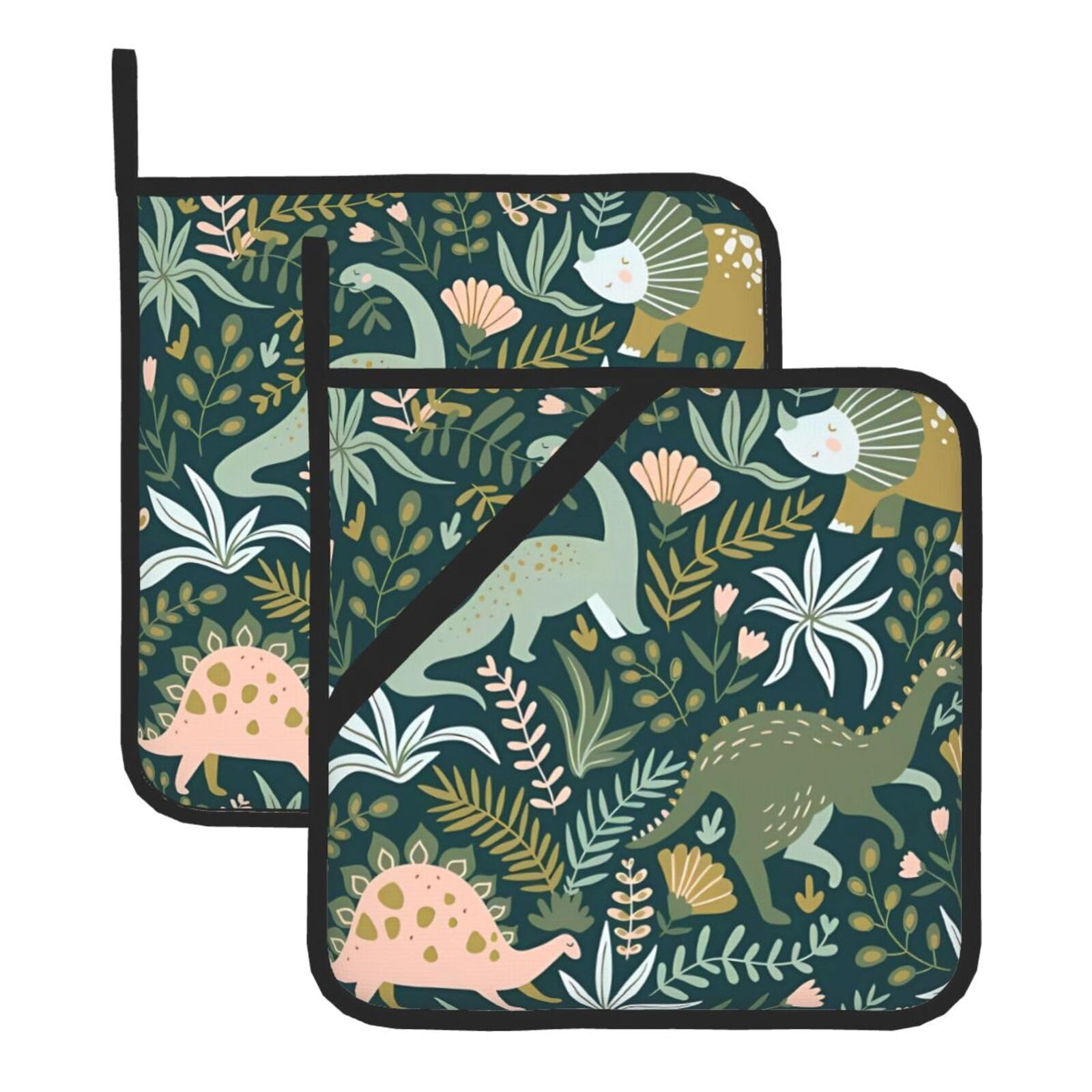YYHWHJDE Cute Dinosaur Prints Square Hot Pads for Kitchen Counter - Waterproof Pot Holders with Hanging Loop, Durable Trivets for Microwave Oven - 2 Pack