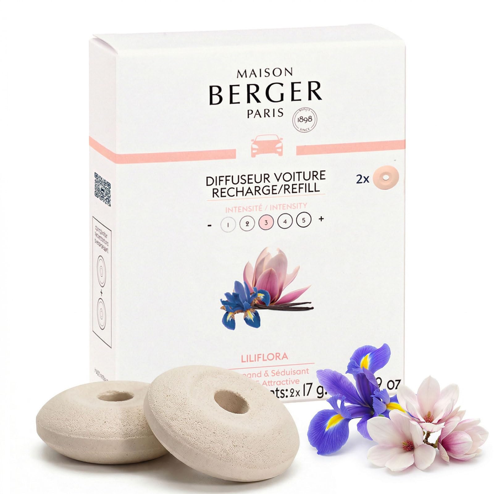 Maison Berger Liliflora Luxury Car Diffuser Refill Set – Pack Of 2 Ceramic Refills, 4-6 Week Passive Diffusion, Made In France