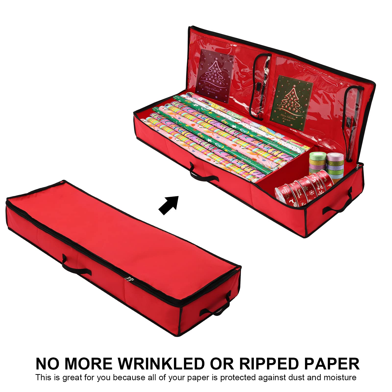 Wrapping Paper Storage Container Wrapping Container Bag with Two Interior Pockets Heavy Duty Underbed Gift Wrap Organizer Fits for Holiday Accessories Ornaments(red)
