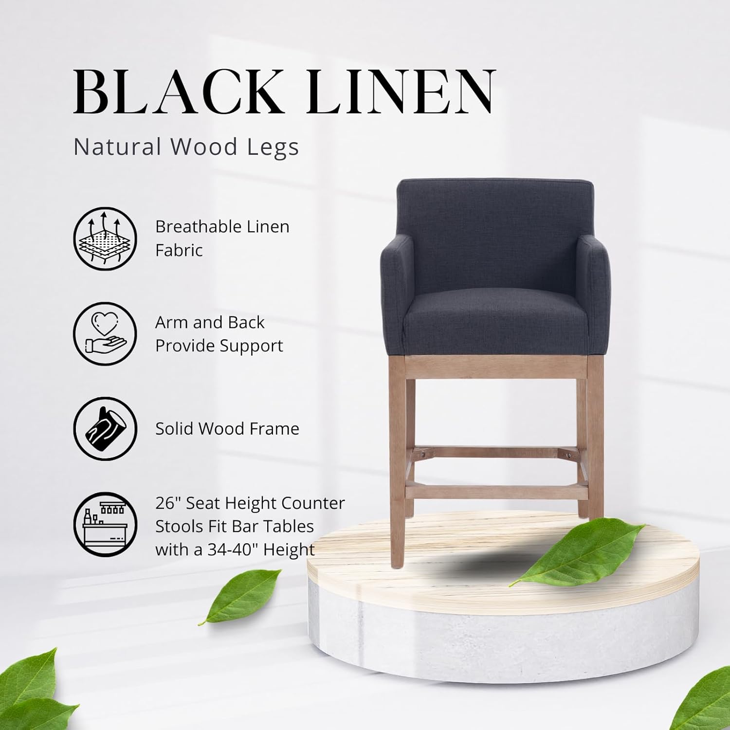 26" Counter Stools Set of 2, Modern Farmhouse Counter Height Bar Stools with Natural Wood Legs, Linen Upholstered Kitchen Island Stools with Armrest for Dining Room, Charcoal Black