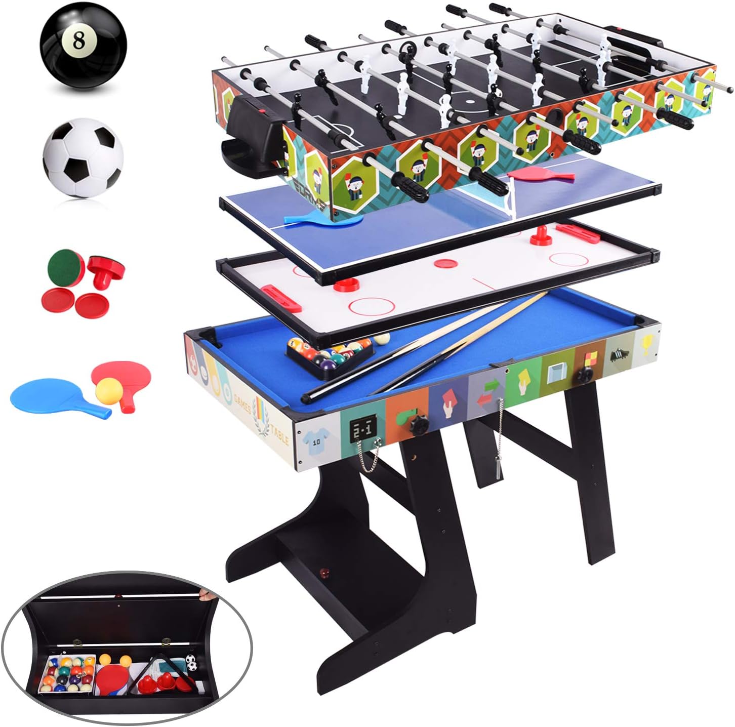 4FT 4 in 1 Muliti Sports Game Table, Folding Combo Game Table - Pool/Snooker Table, Air Hockey Table, Table Tennis Table, Football Table with Accessory Storage Box