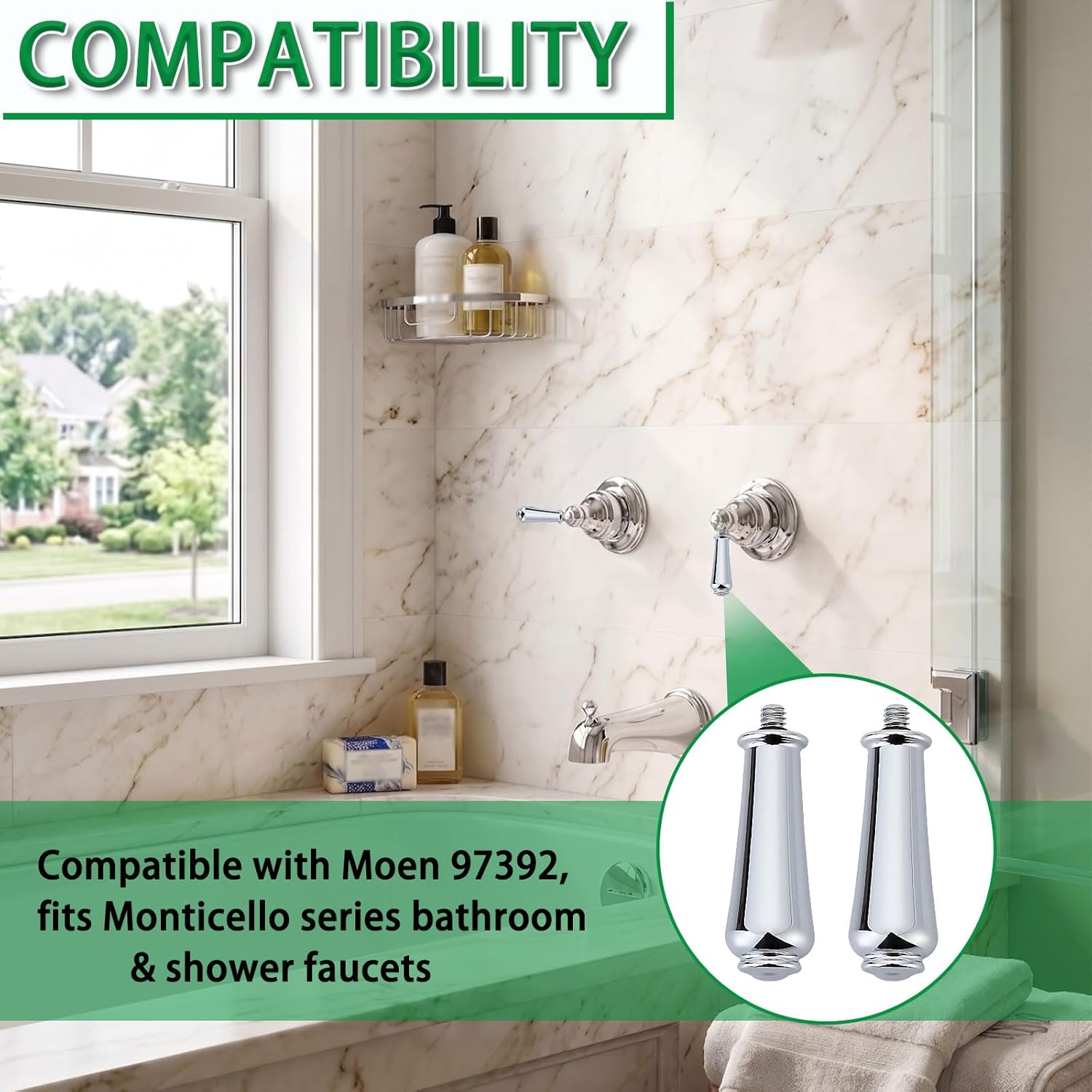 Replacement Bathroom Shower Handle Inserts Compatible with Moen 97372 Monticello Faucet, Chrome Hot and Cold Lever Handles (2 Pack)