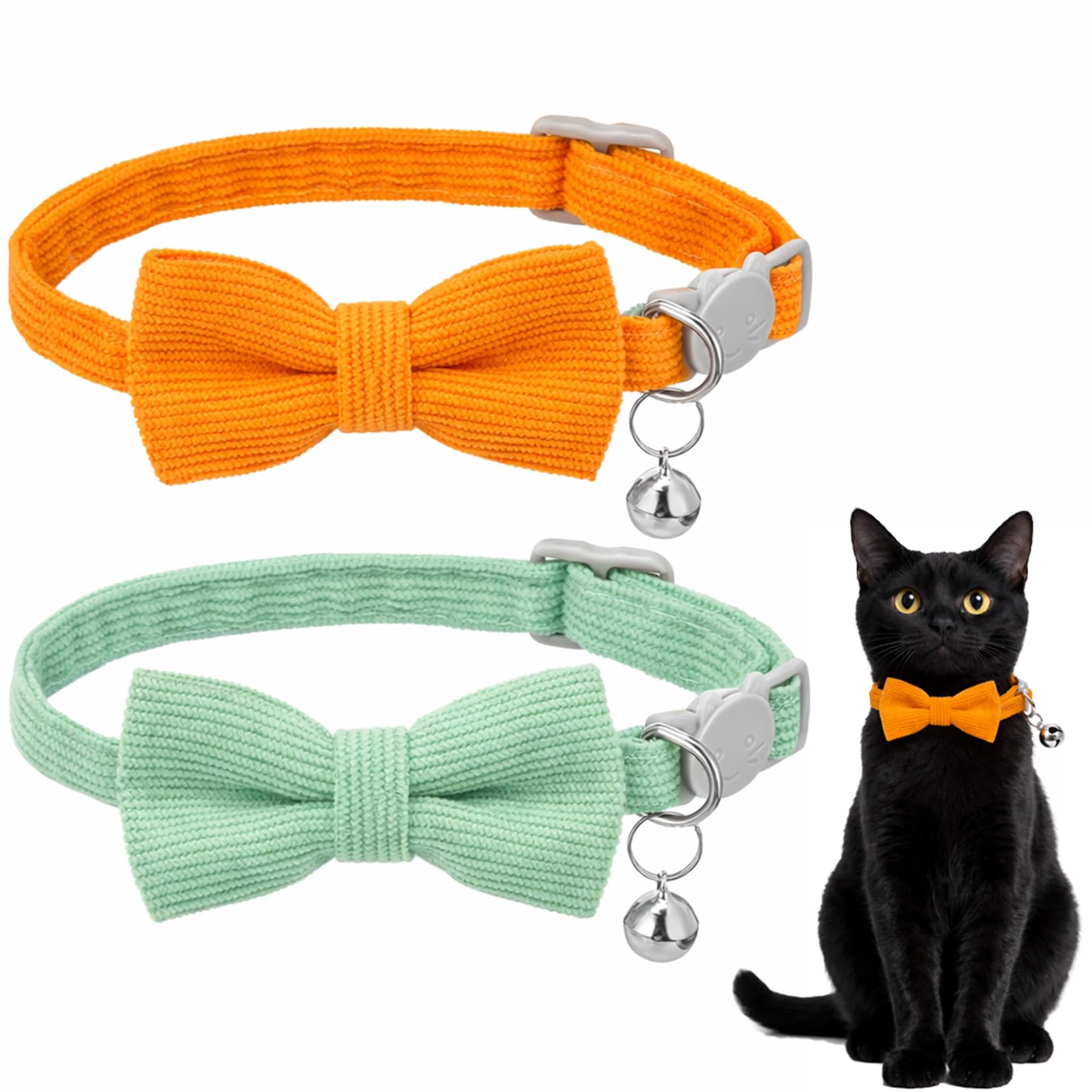 Cat Safety Collar with Detachable Corduroy Bow Tie & Bell - 2 Pack Adjustable Breakaway Collars for Kittens and Small Cats in Orange Mint Green, Soft Ribbed Fabric with Plastic Buckle