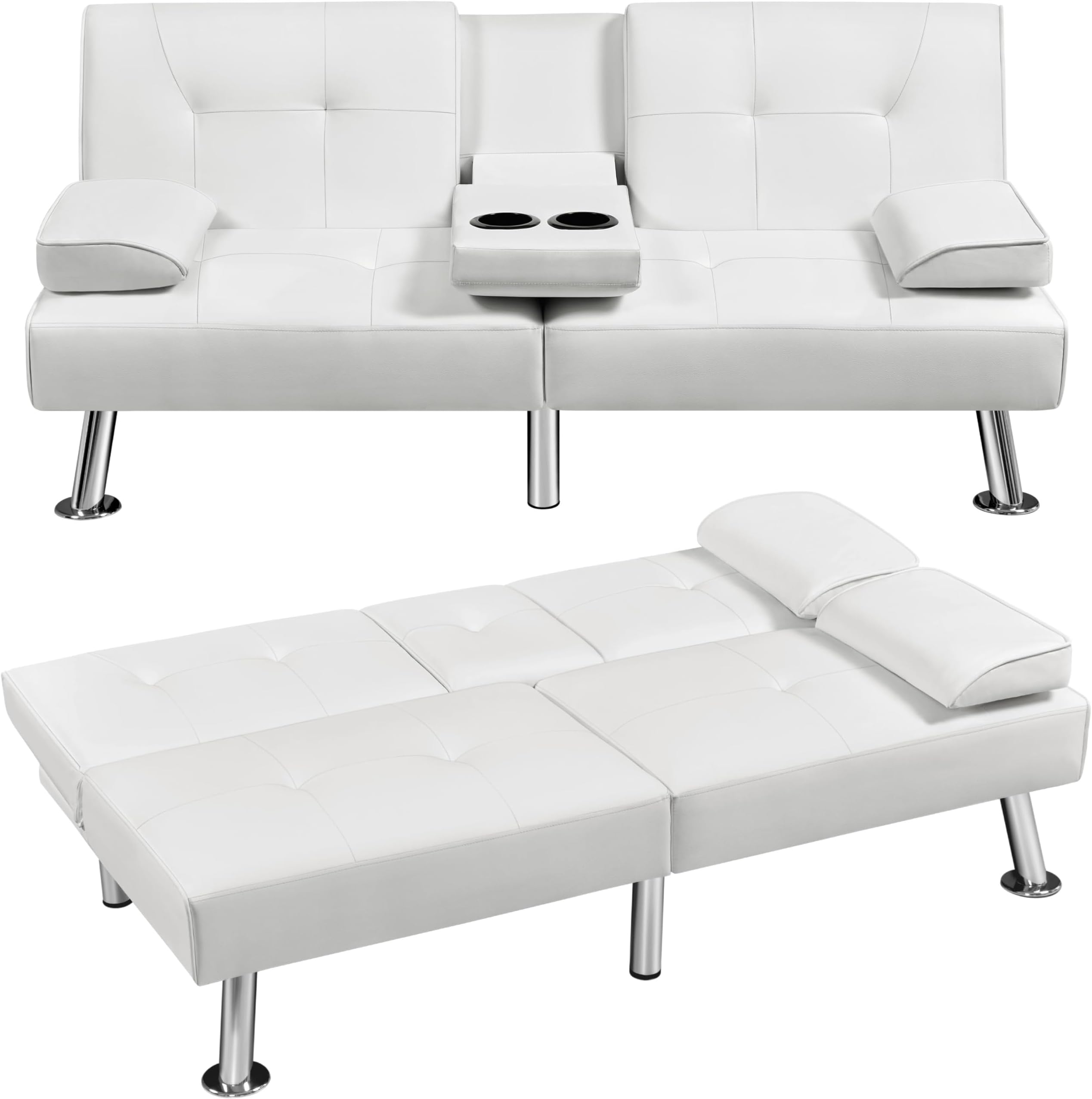 Convertible Sofa Bed Adjustable Couch Sleeper Modern Faux Leather Home Recliner Reversible Loveseat Folding Daybed Guest Bed, Removable Armrests, Cup Holders, 3 Angles, 772lb Capacity, White