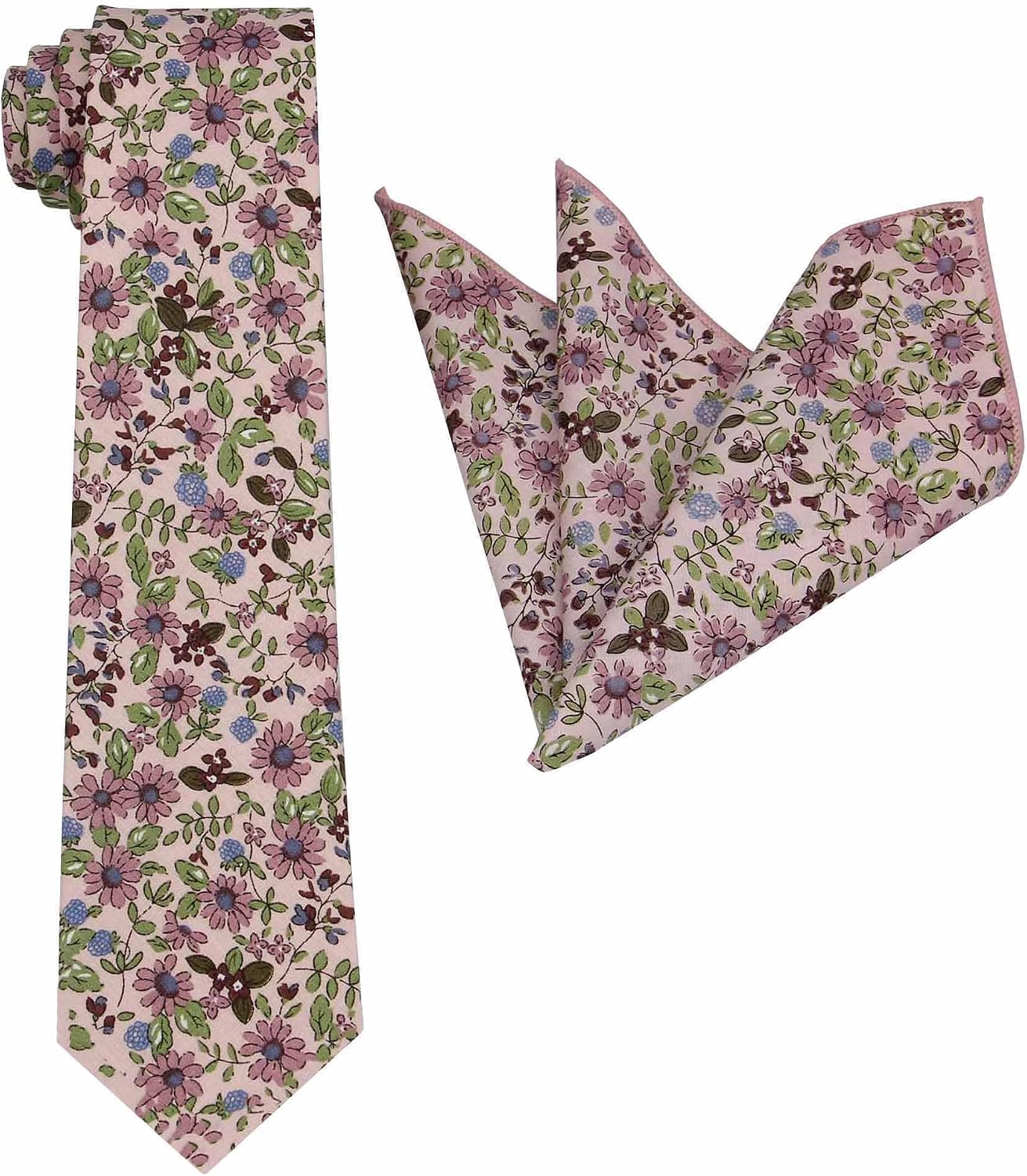 Mens Floral Print Tie Set - Necktie with Pocket Square for Men - Wedding - Groomsmen