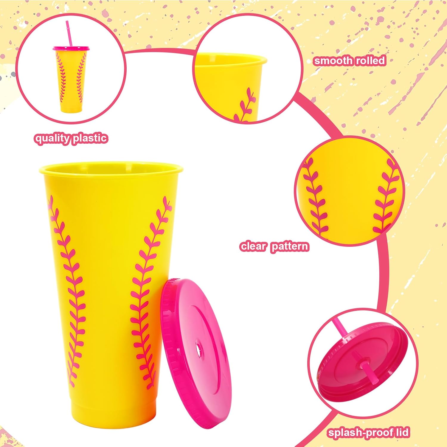 JarThenaAMCS 12Pcs 24 oz Softball Plastic Cups with Straw and Lid Reusable Hot Pink Yellow Softball Cold Cups Sport Theme Plastic Tumbler for Fan Friend Birthday Party Gift Supplies