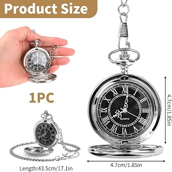 Pocket Watch for Men Quartz Pocket Watch with Black Dial and Chain Stylish Modern Men Pocket Fob Watches Vintage Steel Roman Numerals Classic Smooth Personalised Pocket Watch for Birthday Anniversary