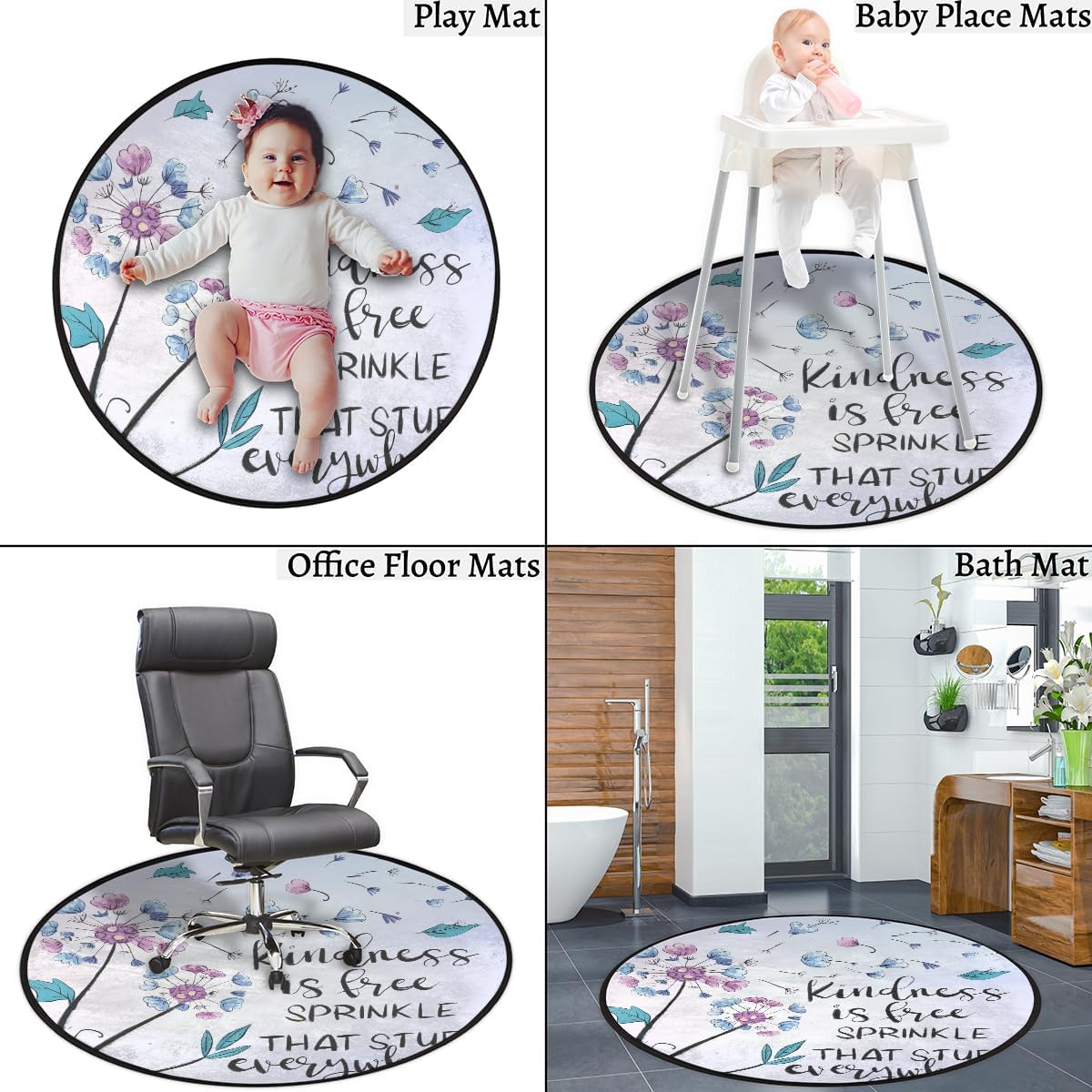 Round Rug 5ft Flower Floral Indoor Circle Area Circle Rugs Washable Non-Slip Bedside Indoor Doormat for Living Room Bedroom Playroom Nursery Room Decor Carpet Mat Splat Mat for High Chair