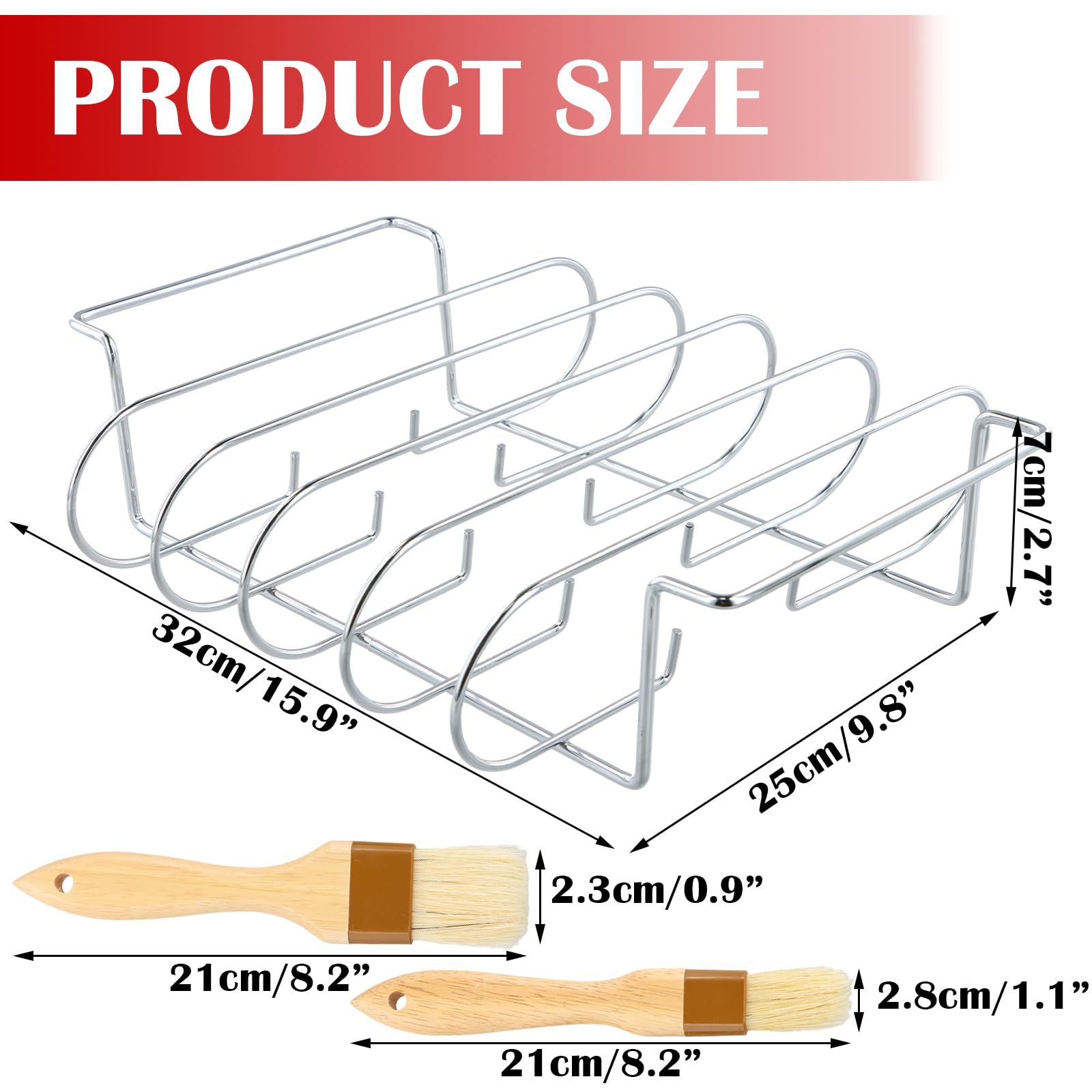 Supporto Bistecche e Costine in Acciaio Inox, Supporto per Arrosto Bistecca, Cestello per BBQ Rib Rack, Spareribs Halter Grill, Telaio Griglia Barbecue 2 in 1 con 2 Pennello