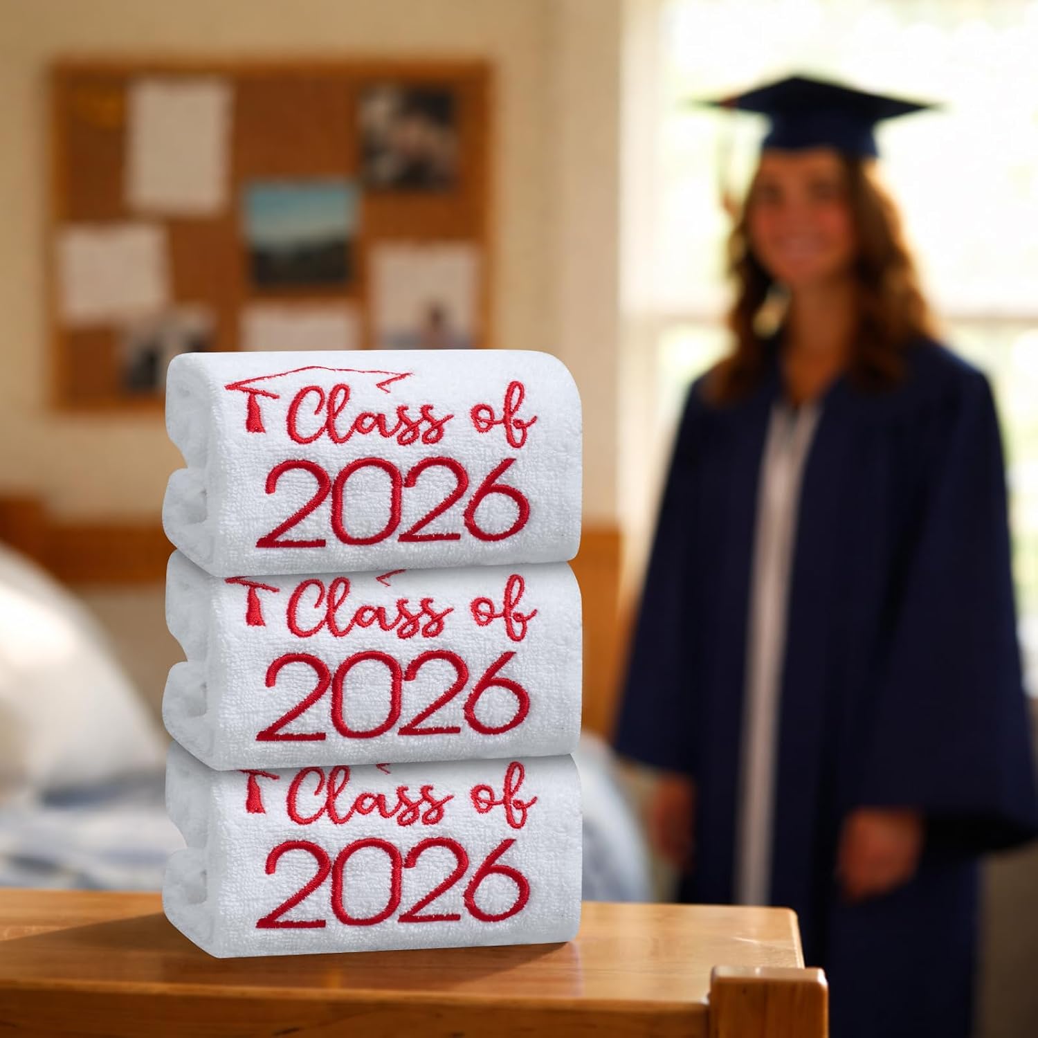 MASHAN Class of 2026 Graduation Hand Towels 3 Pack,100% Cotton Soft Absorbent Bathroom Towels,Senior 2026 Graduation Gift for Girls Boys,Red Decorative Towels 14x30 Inch