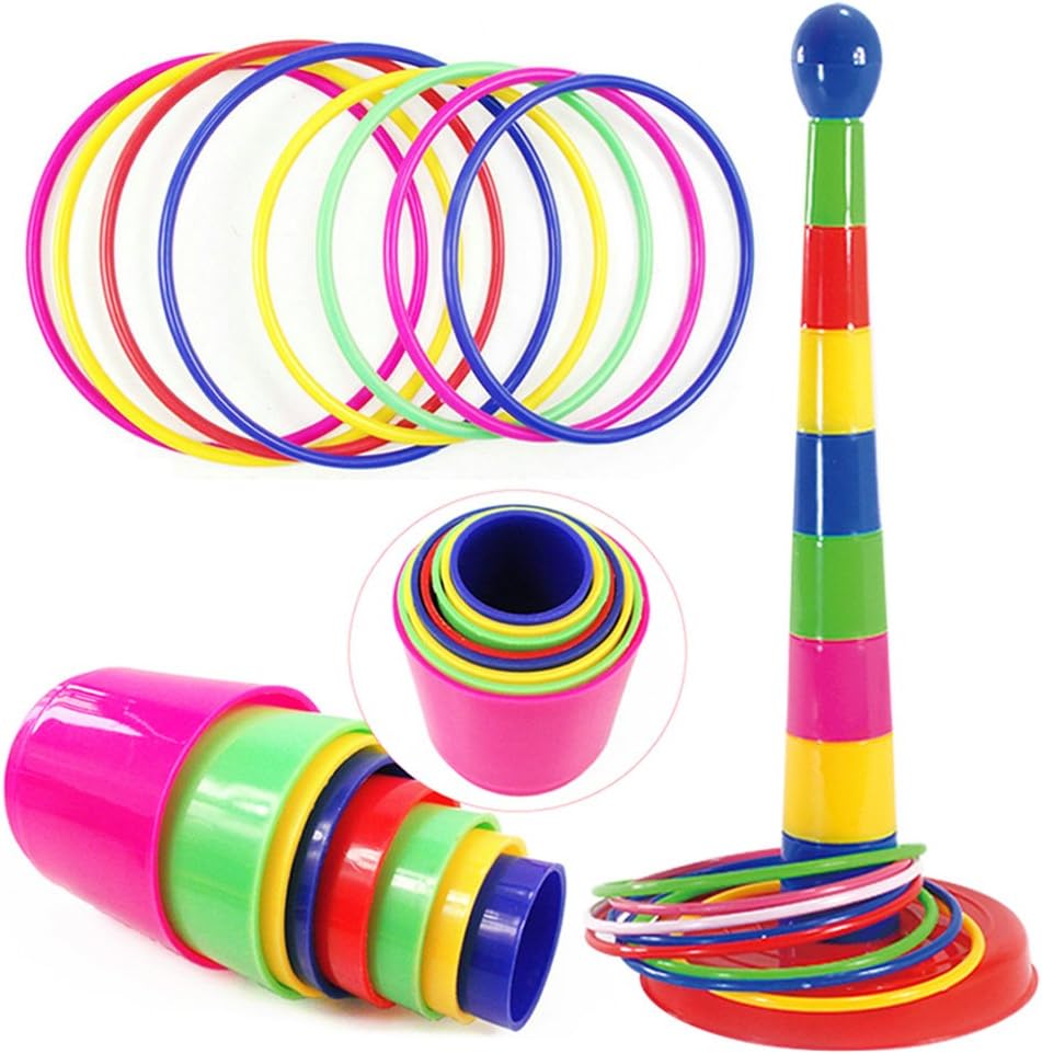 KAGADS Children Activity Rings Game Toy, 18 Pcs Plastic Ring Throwing Cups stacked Games Lawn Outdoor Game Hoop Ring Toss Quoits Garden Play Set