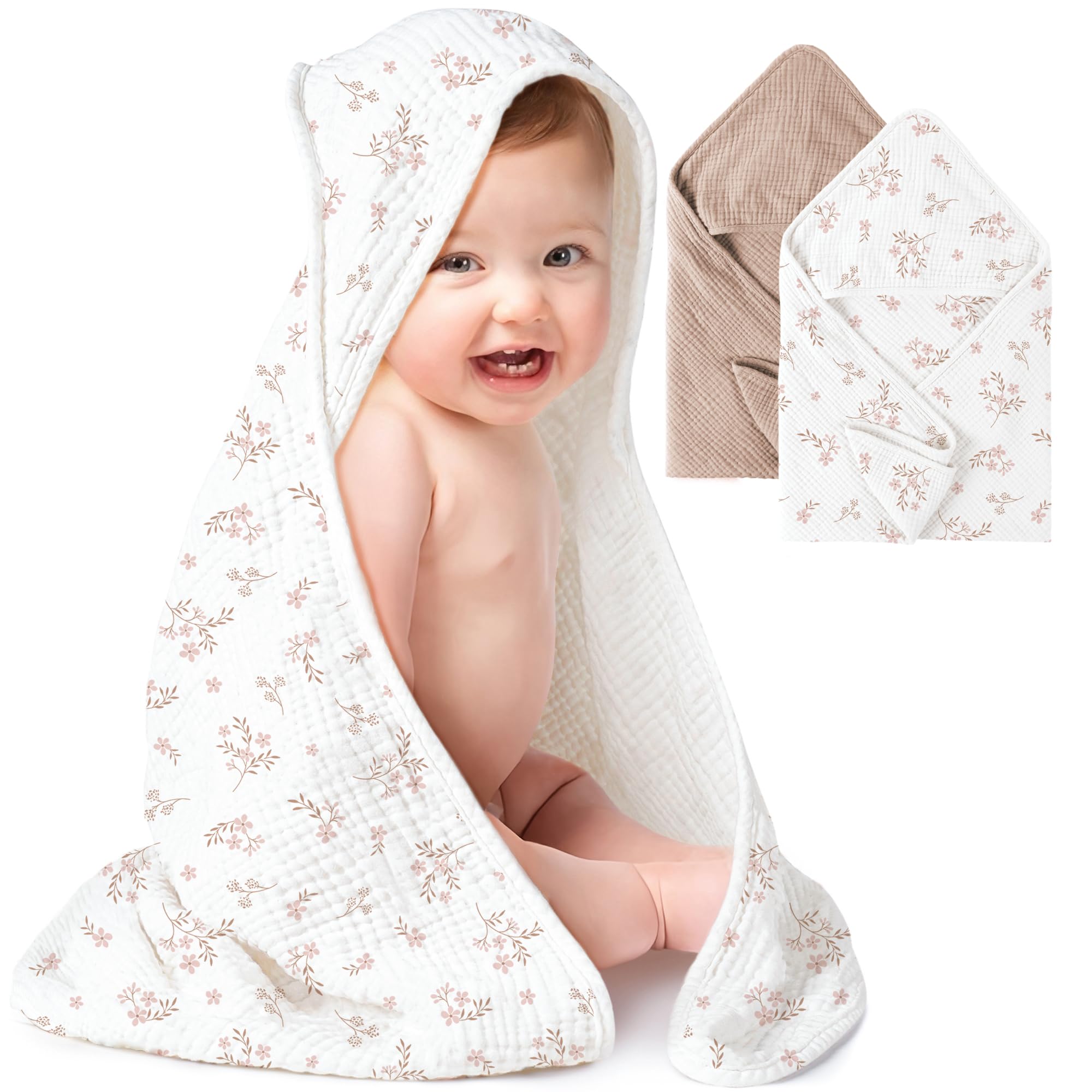 Konssy 2-Pack Muslin Hooded Baby Towels 100 Cotton Ultra-Soft Absorbent Baby Bath Towels with Hood for Newborn Infant