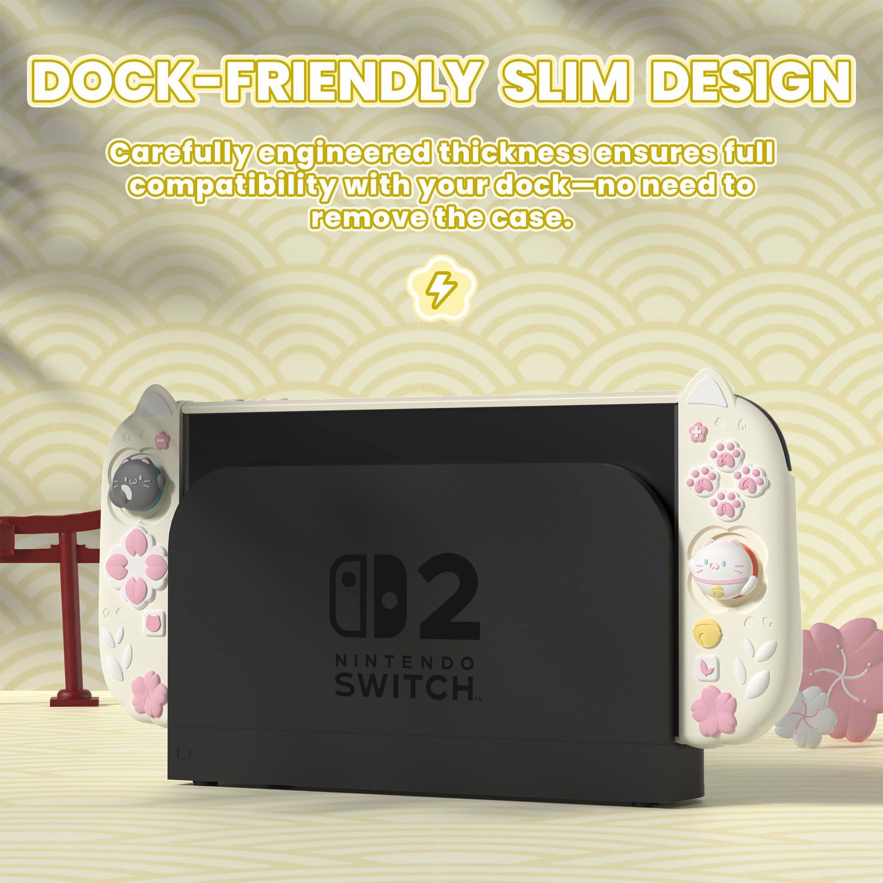 PlayVital Cherry Blossoms Kitten Protective Case for Nintendo Switch 2 with Stand | Cute Cat Ear & Paw Silicone Grips, Dockable Hard Shell, 2 Joystick Caps, Full-Body Protection Cover - Antique Yellow - 2
