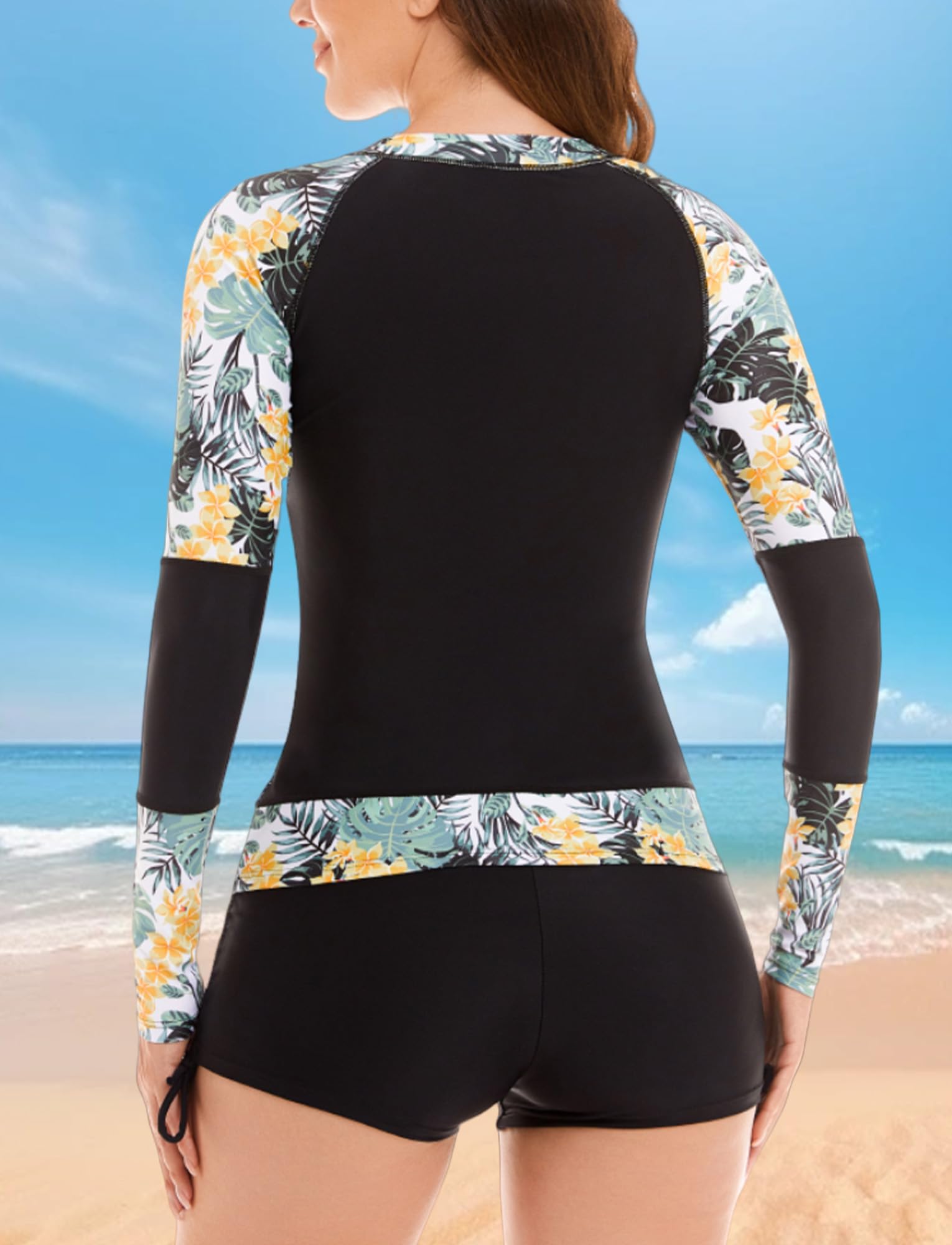 FEOYA Ropa de Surf 2 Piezas Mujer Camisetas de Natación Manga Larga Traje de Baño Secado Rápido Rashguard con Cremallera