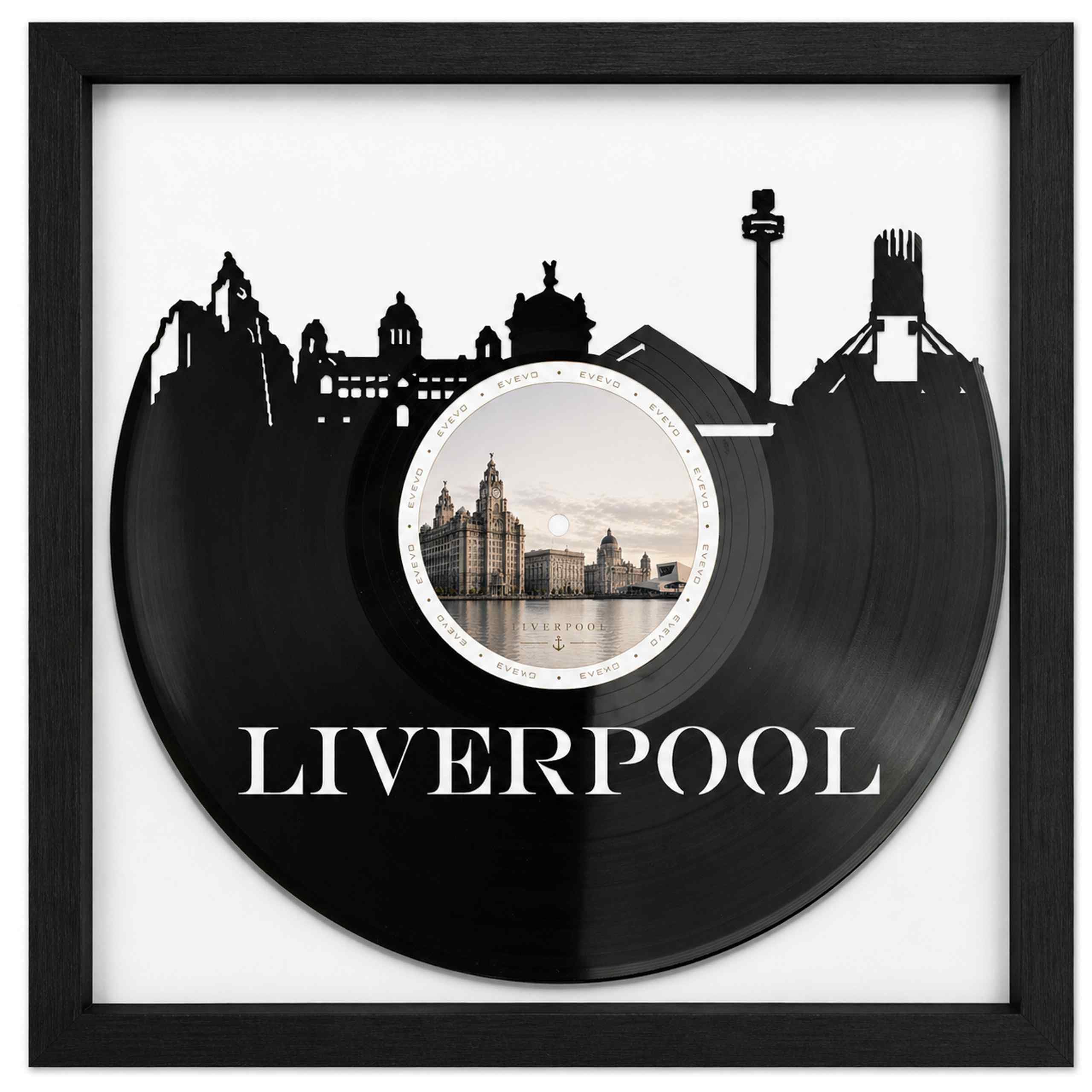EVEVO Decorazione da parete in vinile con cornice, 32 x 32 cm, Liverpool, arte da parete in vinile, Inghilterra, regalo per gli appassionati di musica e città