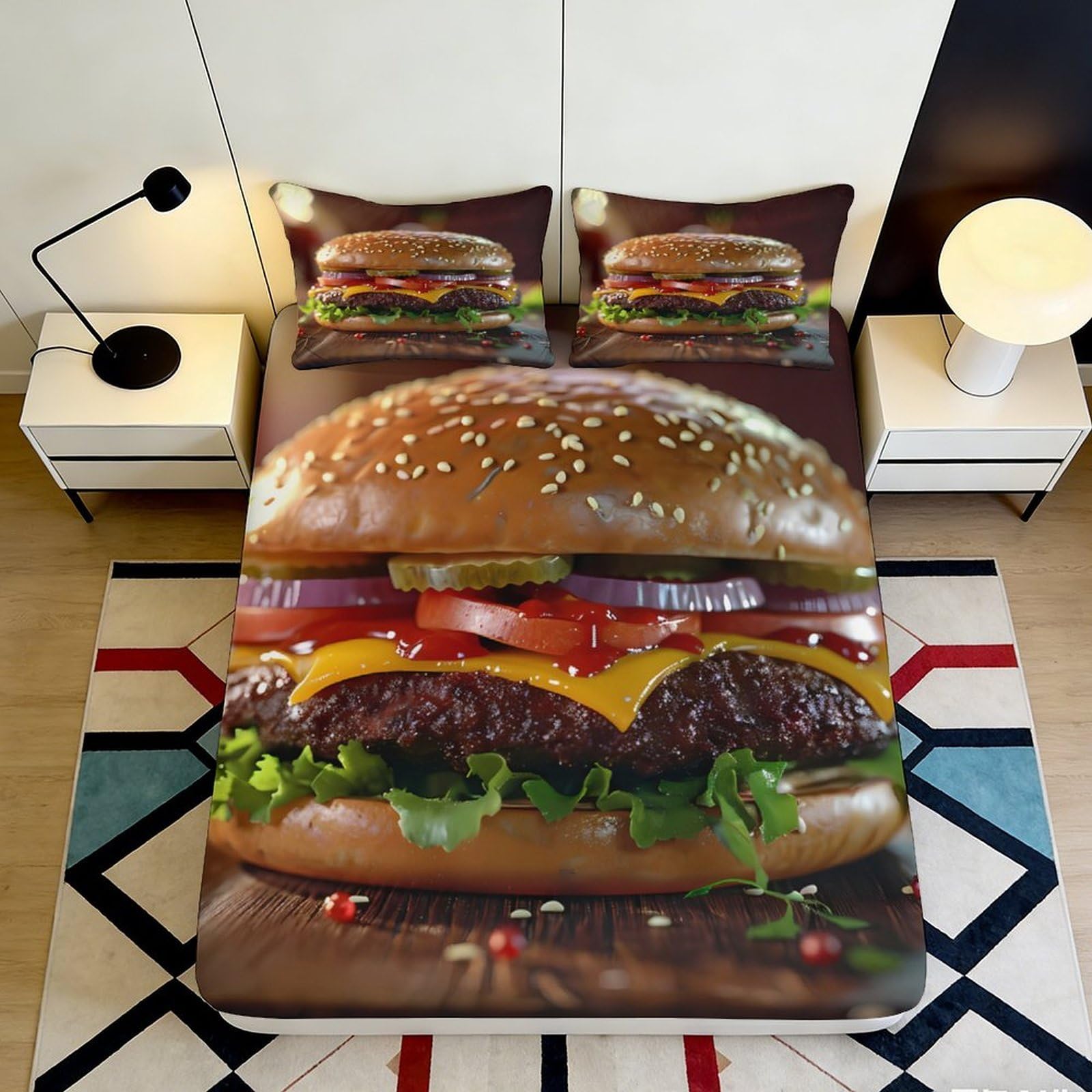 Dhbaneiok Style-4 3D Printed Burger Theme Fitted Sheet Microfiber Soft Decorative Cheeseburger Mattress Cover For Bedroom Dorm Mattress Protection 90X200x25cm