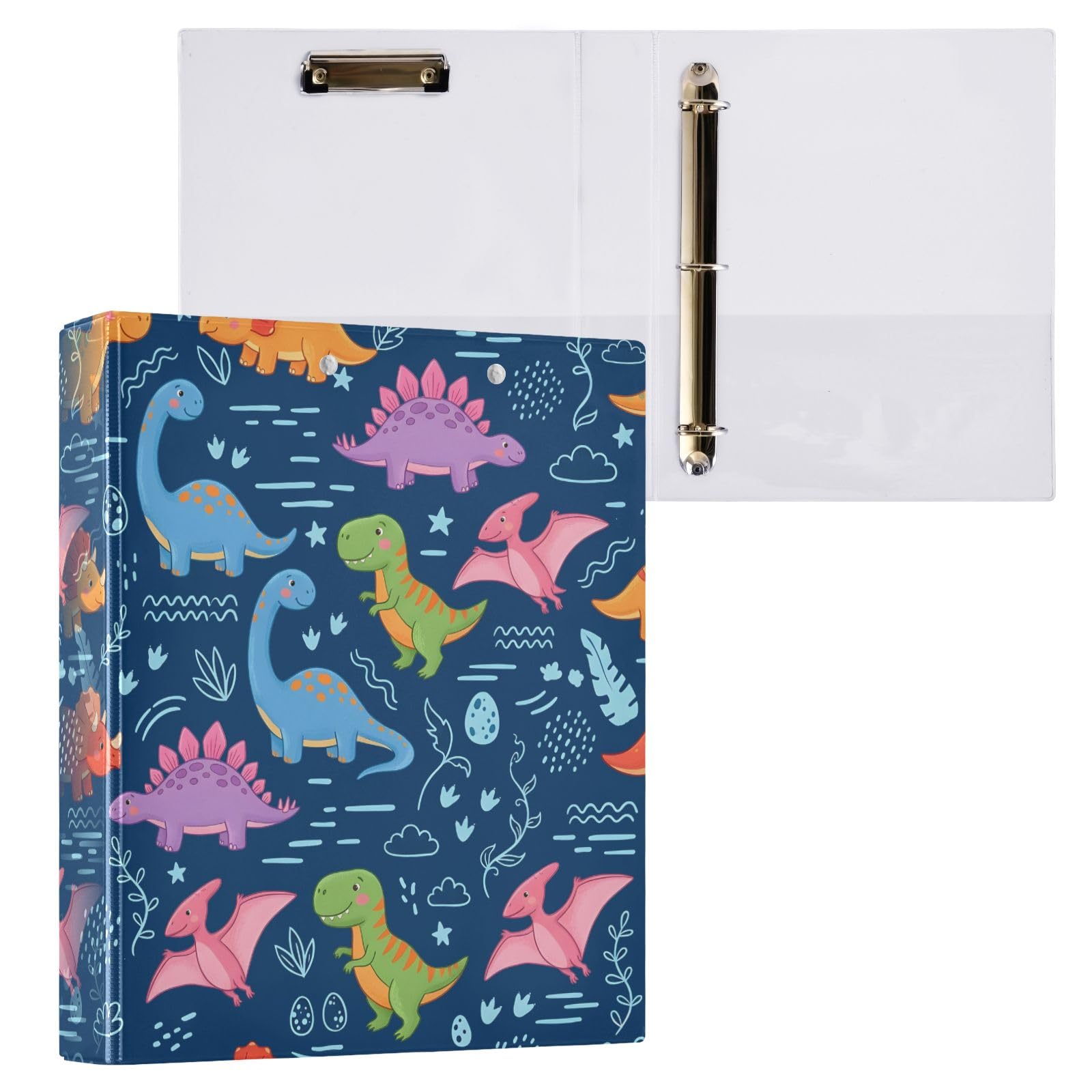 Raccoglitore a 3 anelli con motivo dinosauro cartone animato, 3,8 cm, anelli rotondi per 200 fogli, 3 raccoglitori ad anelli con clip in metallo antiscivolo