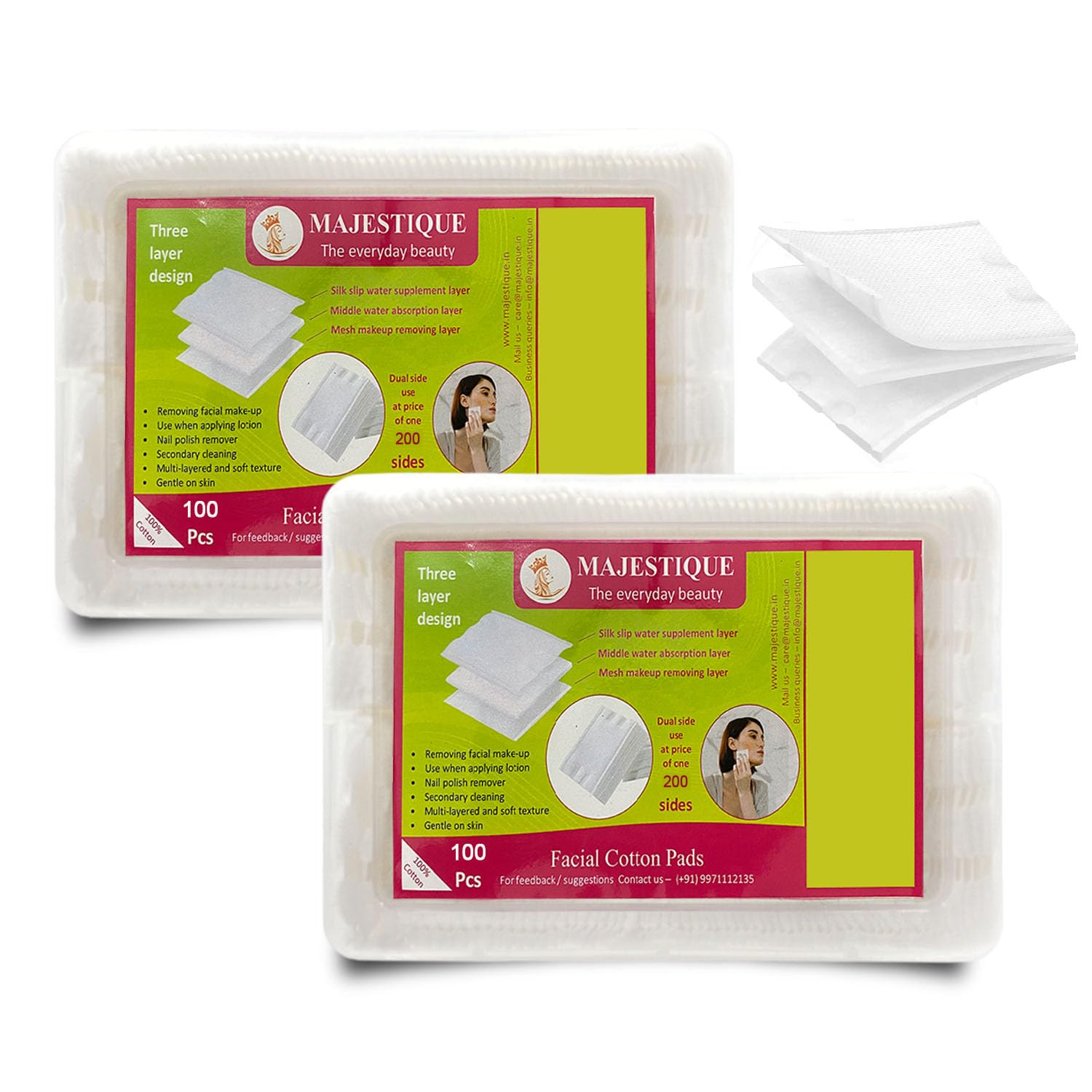 Majestique Cotton Pads for Face Makeup Removal 100 Soft Square 3-Layered Pads, Makeup Remover Wipes for Cleansing Skin & Nail Polish Remover - Pack of 2 (200)-image-33