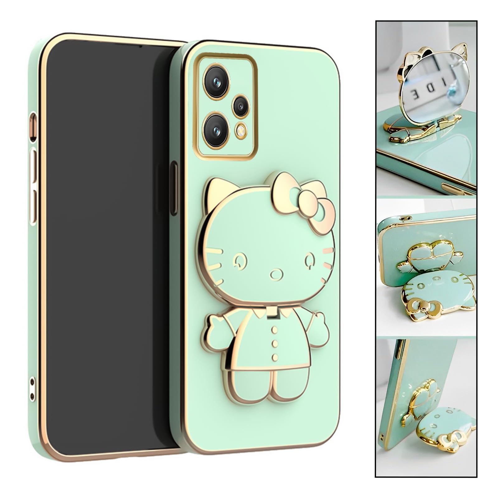 Get Tech Go® Back Case Cover Compatible for OnePlus Nord CE 2 LITE 5G for Girls | Shockproof | with Kitty Kick Stand & Mirror | Raised Edges | 1 + Nord CE 2 LITE 5G | Camera Protection (Mint Green)