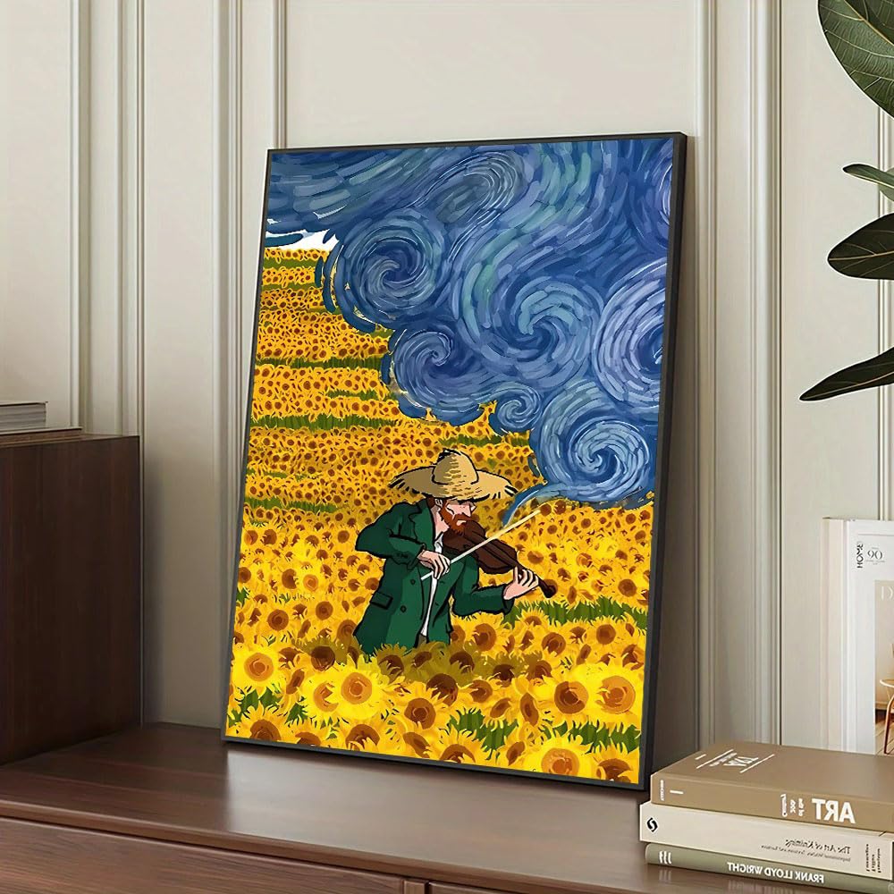 awitufhgp Decor Artworks in The Style of Van Gogh, Featuring Sunflowers And Violins Canvas Wall Art, for Living Room, Bedroom(60x80cm/24x31in(WxH)/No frame)