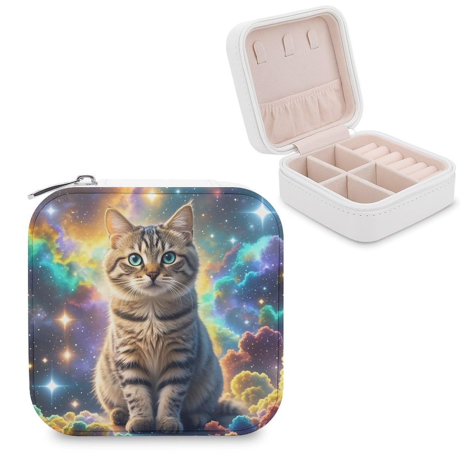 LZQPOEAS Cat Sitting Inside Nebula Jewelry Box Mini Jewelry Travel Case Trendy Stuff Ring Box Custom PU Leather Jewelry Boxes Portable Jewelry Case Earring Storage Organizer for Girls Women