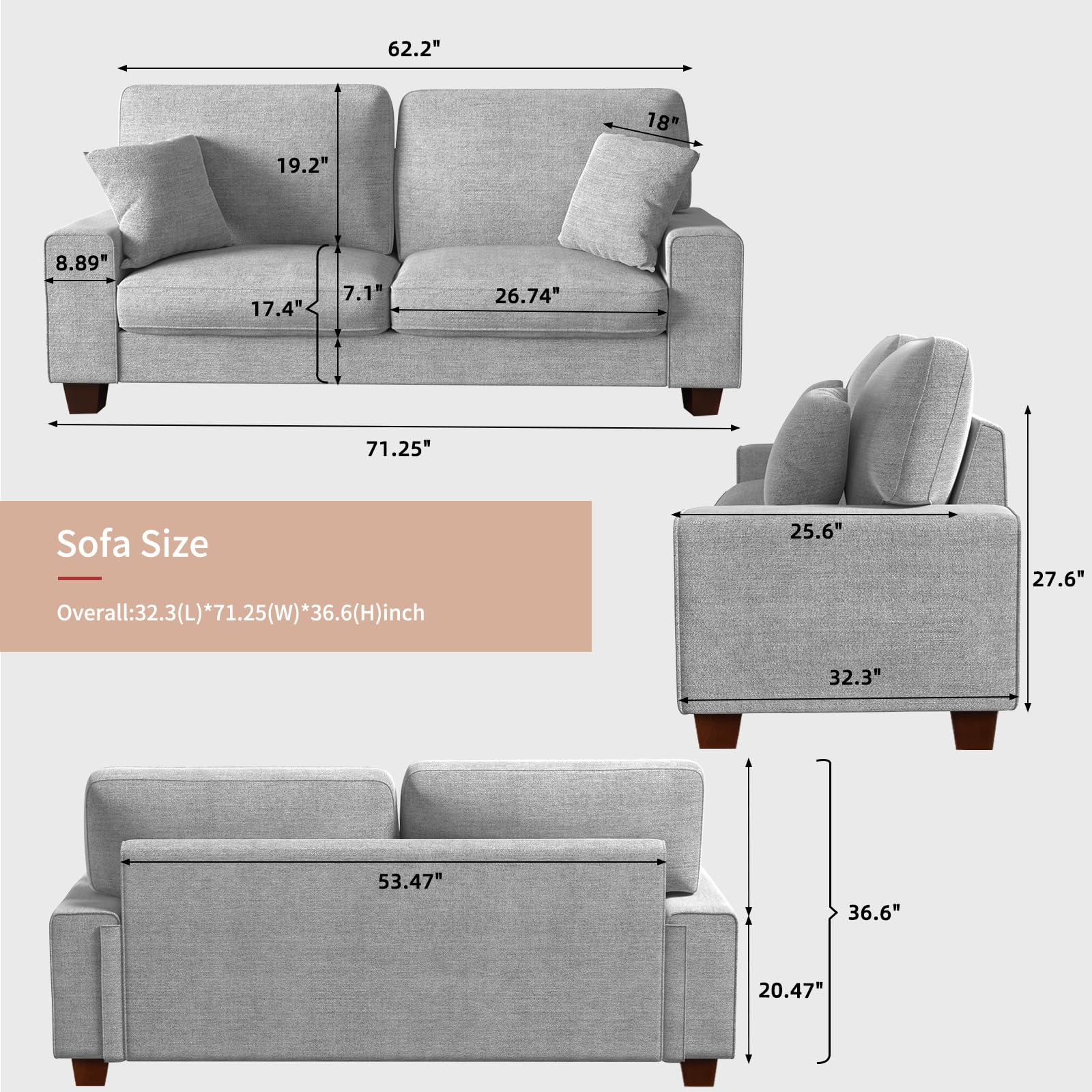 DOPEDIO Modern Loveseat Sofa for Living Room,Chenille Recliner, Removable Cover, Spring Cushions, Solid Wood Frame, Easy Assembly for Small Spaces (71.25inch，Light Gray) - 3