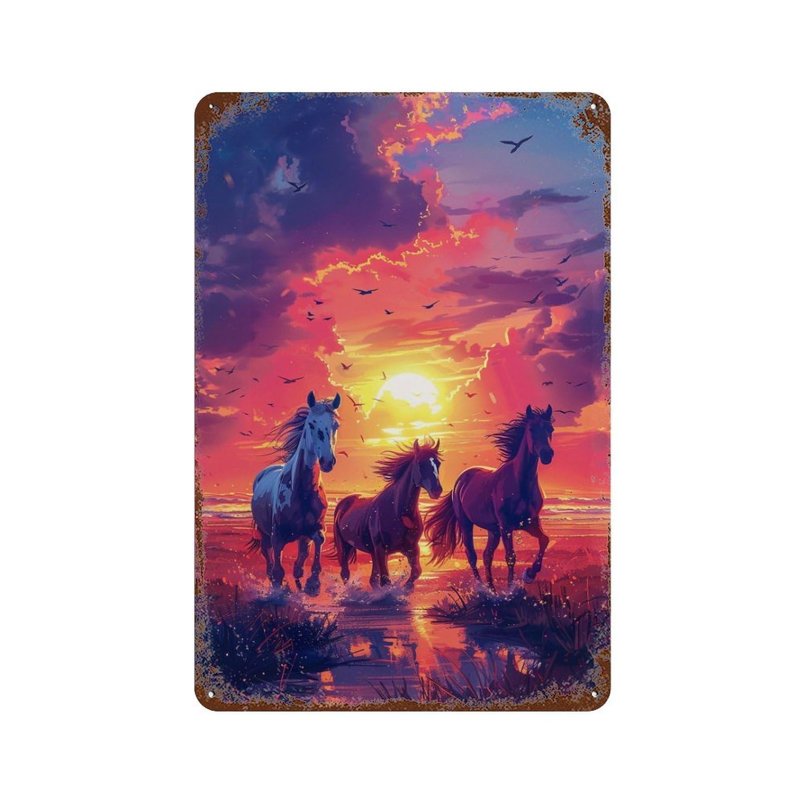 Garage Style Sunset Horse Run Distressed Metal Wall Sign 11.8"x7.9", Retro Wall Decor for Bar And Workshop