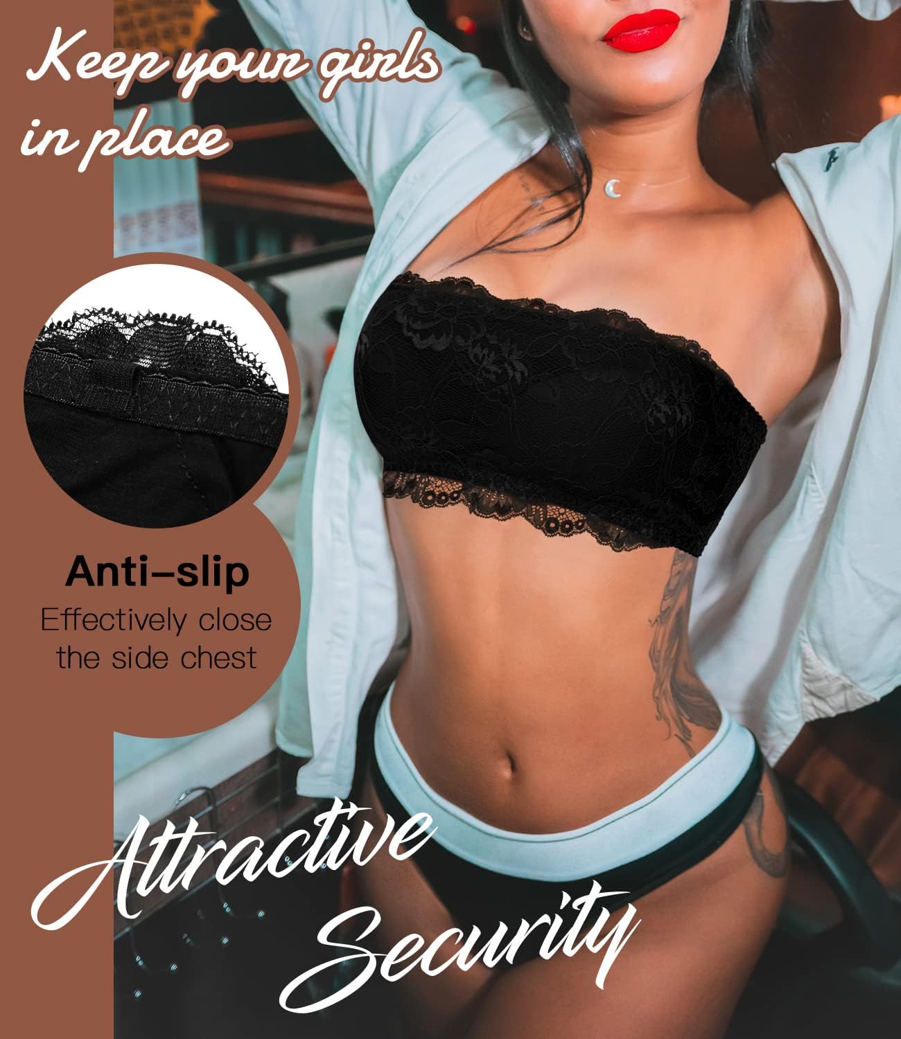 WOWENY Womens Wirefree Lace Bandeau Bra Strapless Tube Top Seamless Wireless Bras Padded Bralette - Image 6