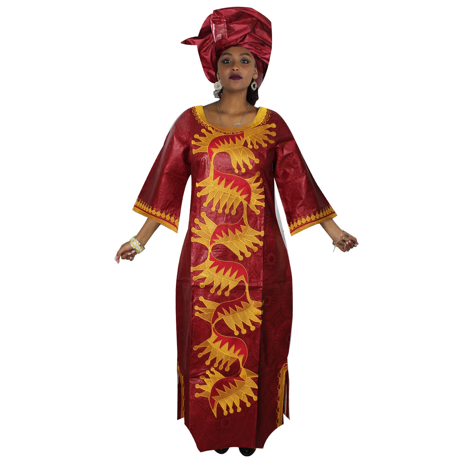 TIDOIRSAAfrican Dresses for Women,Embroidery Wedding Dress Bazin Party Dress with Scarf Boubou