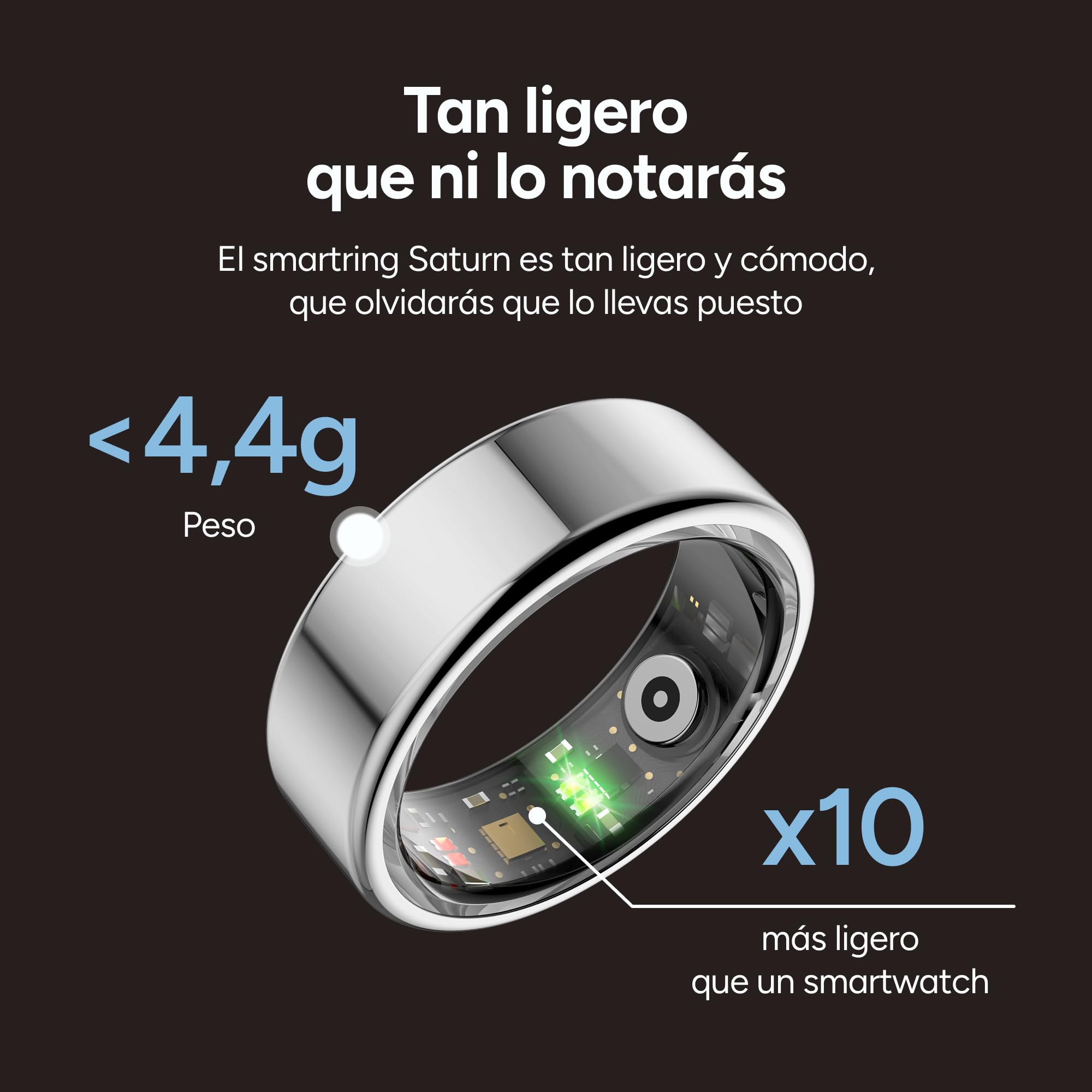 KSIX Saturn Anillo Inteligente Hombre y Mujer con Monitor de Actividad Pasos y Calorías - Smart Ring Que Mide Oxígeno en Sangre, Monitor Cardíaco, Control de Sueño - 3 Días Autonomía - XS - Dorado