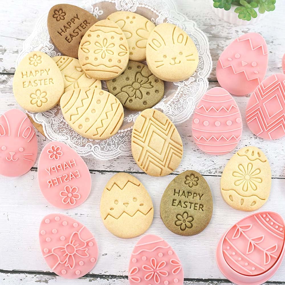 10 mini cortadores de galletas, sellos de galletas de diseño 3D elevado, mini moldes divertidos para huevos de Pascua, juego de cortadores de galletas de adorno de Pascua (huevo de Pascua, conejo)