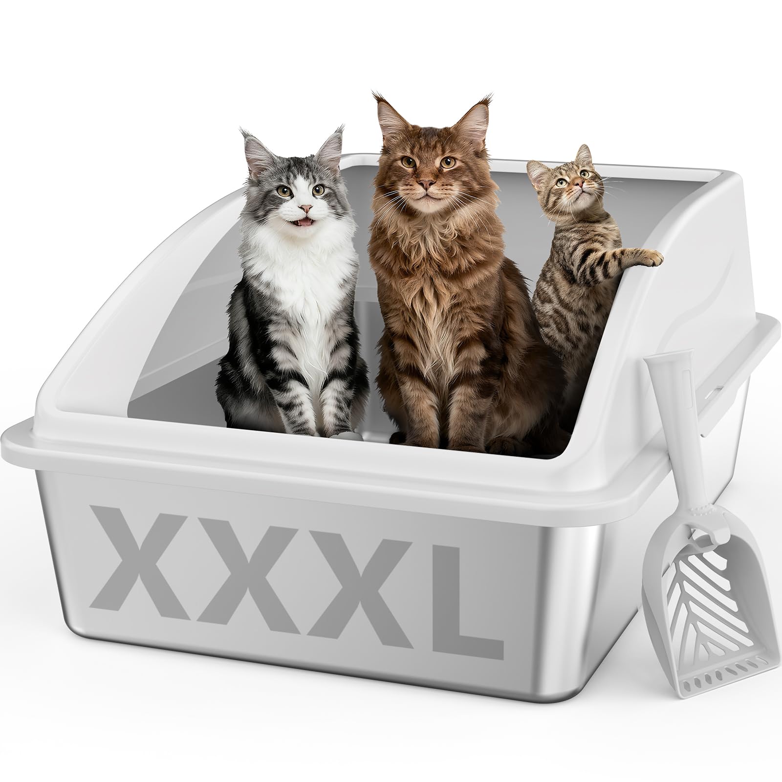 FURTIME Lettiera Gatto, 60 L Lettiera Acciaio Inox, Facile da Pulire, Facile da Pulire Antiodore e Spaziosa, Sabbiera XXXL Alta, Con Acciaio Inox Paletta, 71 x 51 x 31 cm