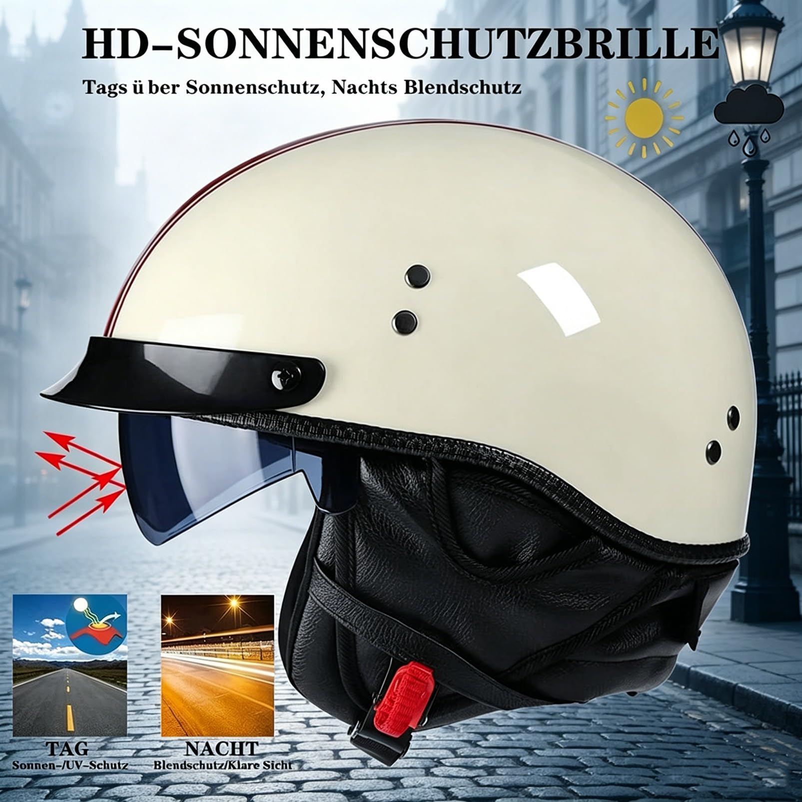 Kask Motocyklowy Jet Style Retro Stripe, Urban Cafe Racer z Blendą Przeciwsłoneczną, ECE 22.06, Otwarty Kask na Motor Cruiser Bobber Chopper