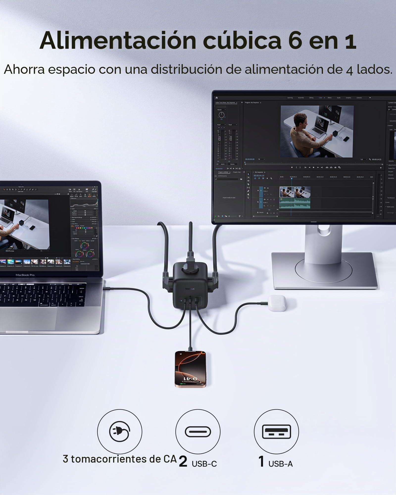 Baseus Cubo 67W, Regleta USB-C GaN6 3-enchufes con interruptor, cargador PD para MacBook, iPad, iPhone 16/15, Galaxy S25 Ultra, hogar, oficina, viajes