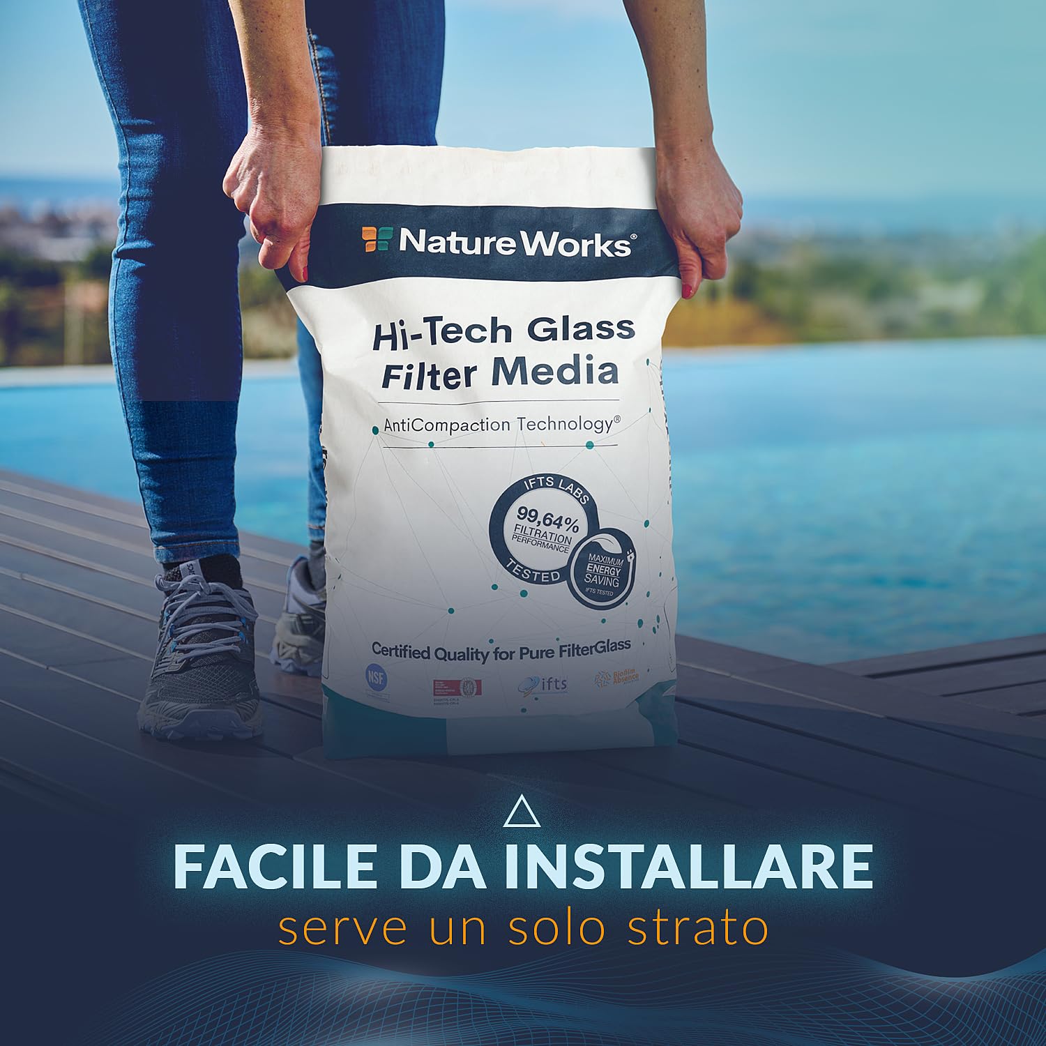 Nature Works Sabbia Filtrante di Vetro per Piscina con Un Potere di Filtrazione del 99,64%, Prodotto con Vetro Tecnico Vergine per la Massima Igiene - Sacchetto da 20 kg