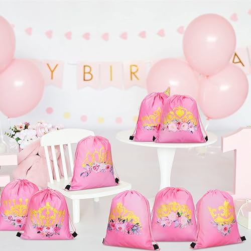 Miniatura 6 de 24 bolsas de regalo para fiesta de princesa, corona de princesa, pequeñas bolsas rosadas con cordón, decoración de recuerdos para niñas, niños,