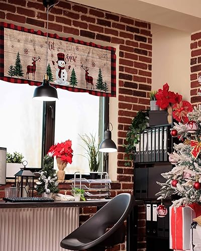 Miniatura 6 de Cenefa de cortina de cocina con diseño de muñeco de nieve de Navidad, cenefa de ventana con bolsillo para barra, 1 panel de cenefas para sala de