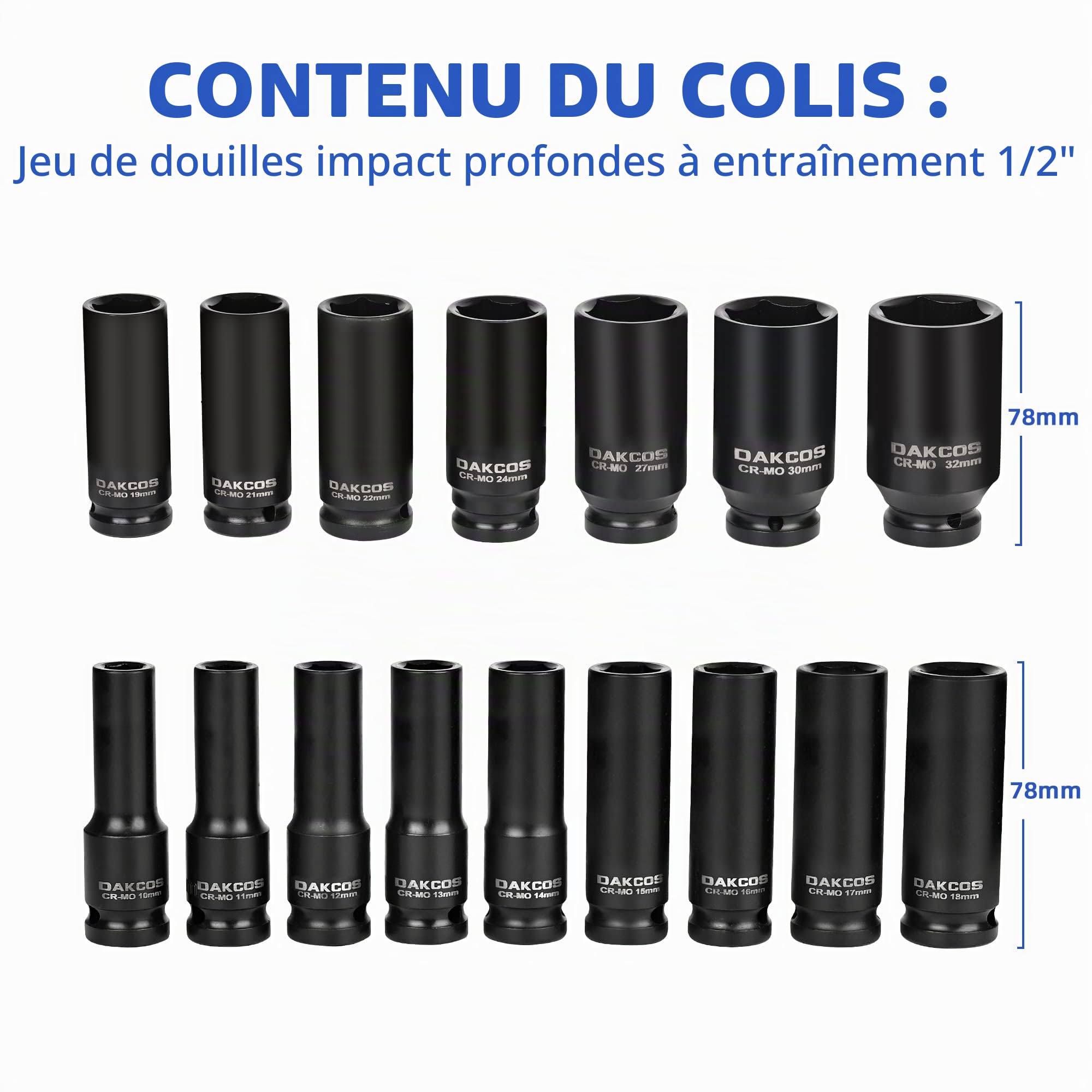 DAKCOS Coffret Lot 16 Douilles longues à choc 6 pans 1/2", 10–32 mm, CR-MO